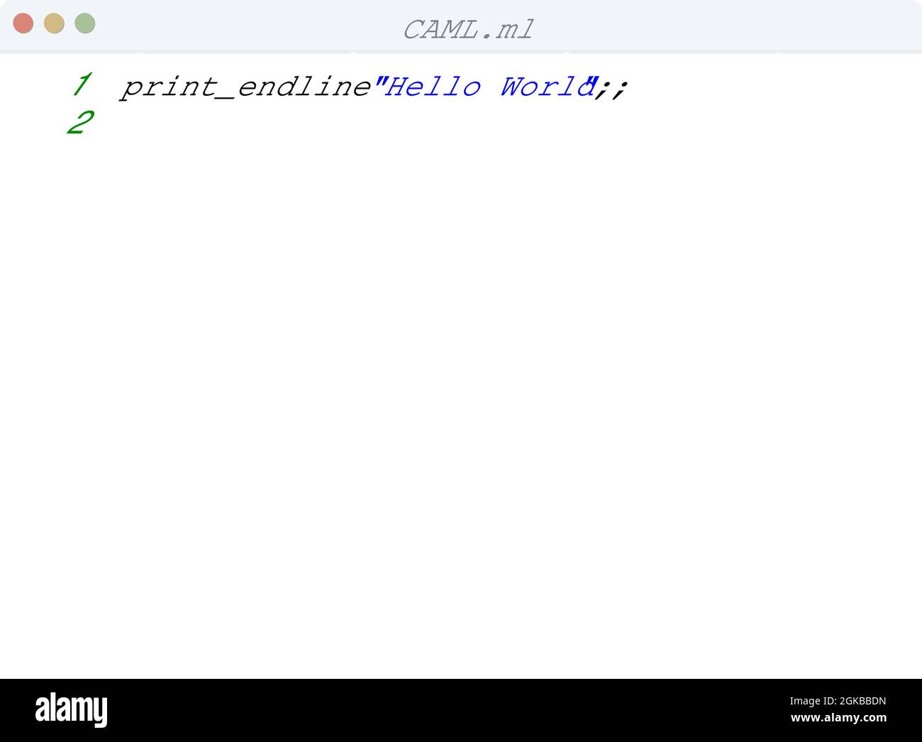 CAML-Sprache Hello World Programmbeispiel im Editor-Fenster Illustration Stock Vektor