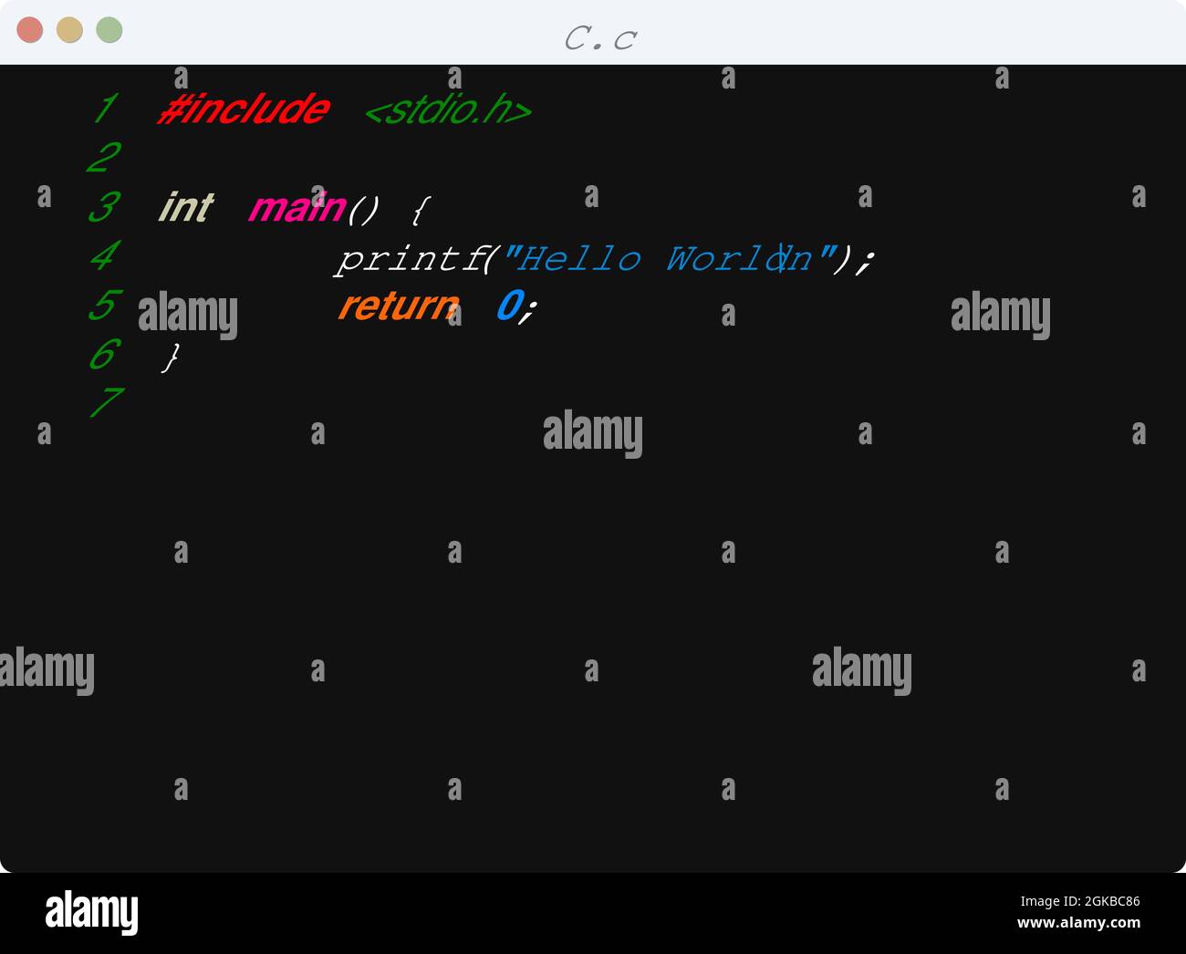 C language Hello World Programmbeispiel im Editor-Fenster Illustration Stock Vektor