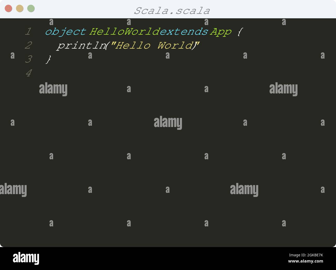 Scala Sprache Hallo Welt Programm Beispiel in Editor-Fenster Illustration Stock Vektor