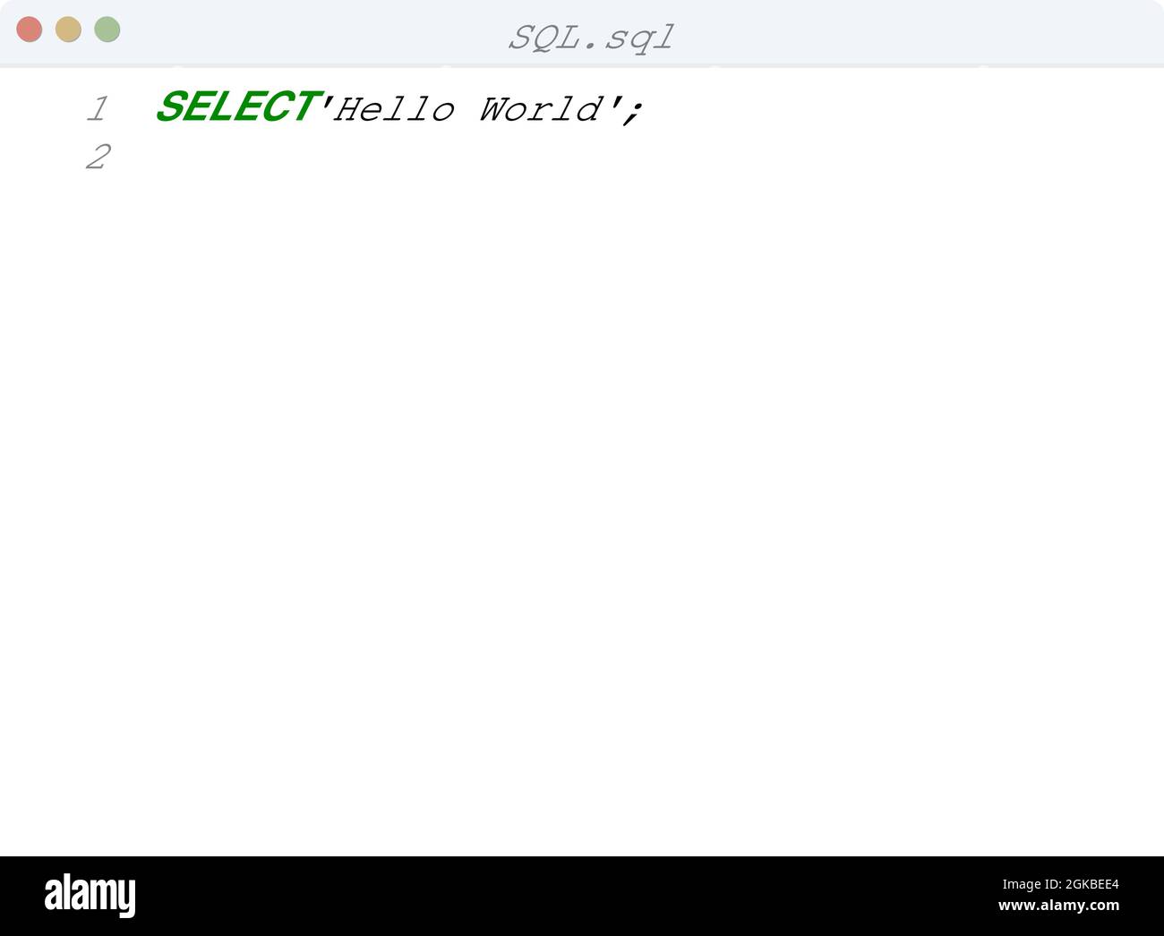 SQL-Sprache Hello World Programmbeispiel in Editor-Fenster Illustration Stock Vektor