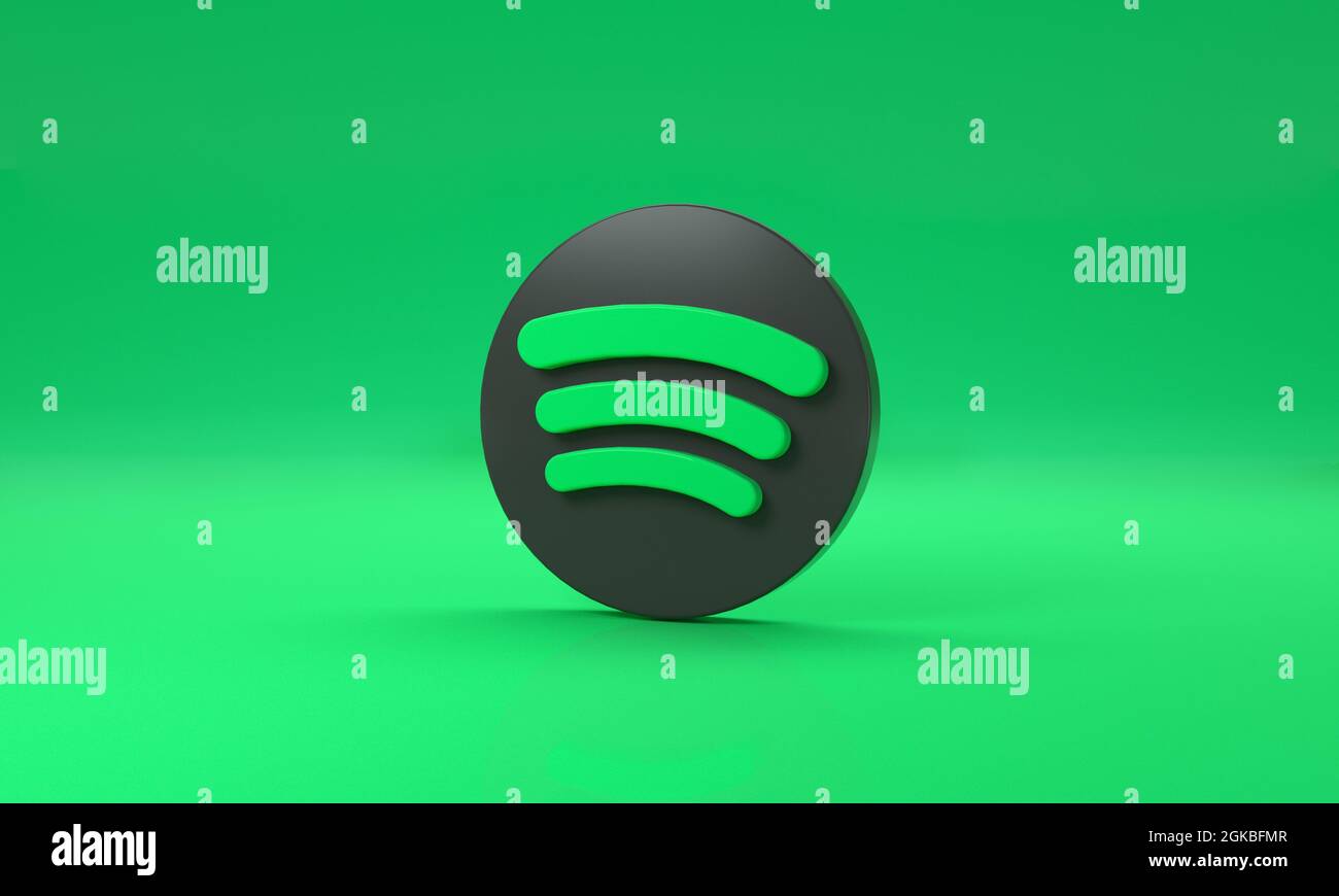Spotify-Logo mit Platz für Text und Grafiken auf grünem Hintergrund. 3d-Rendering. Stockfoto