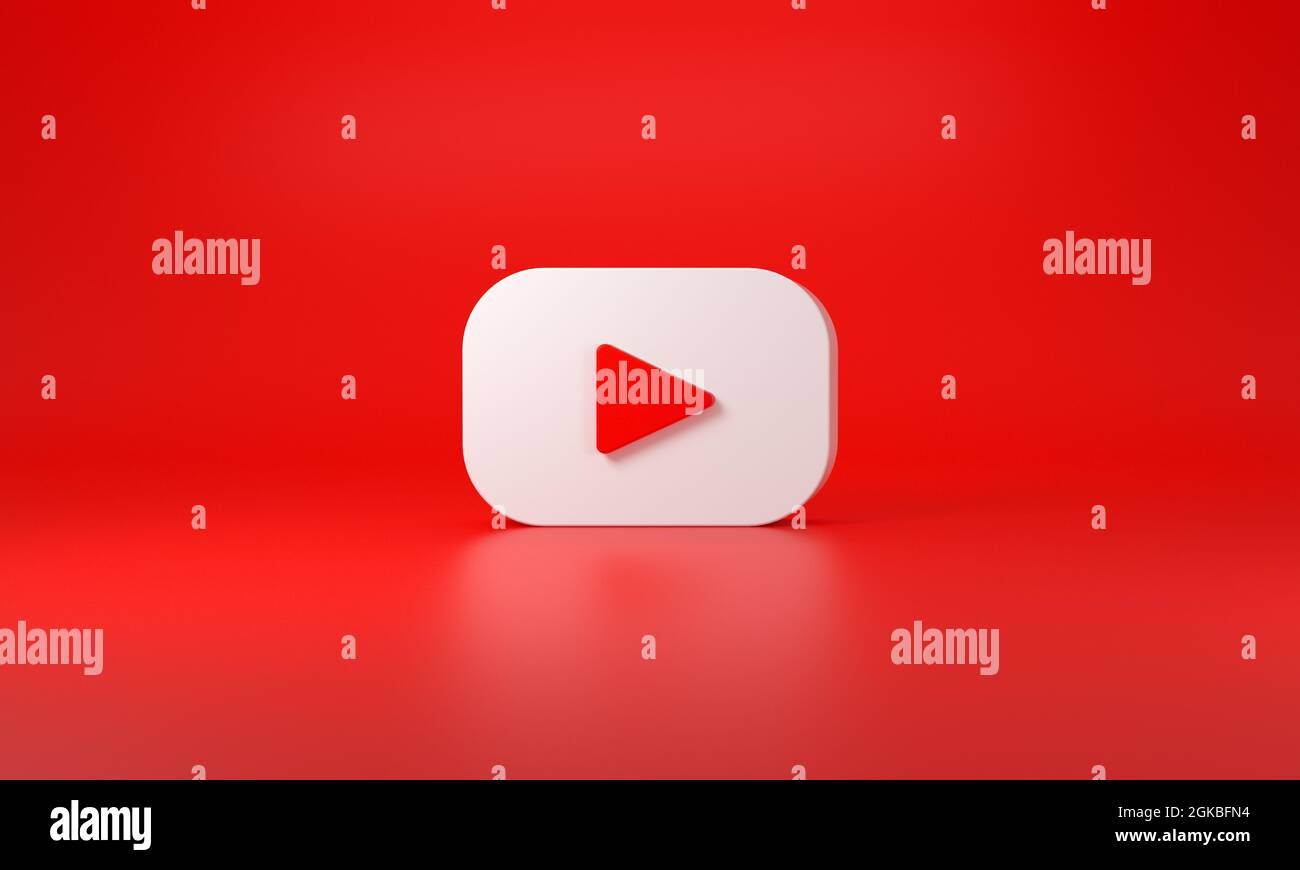 YouTube-Logo mit Platz für Text und Grafiken. Roter Hintergrund. 3D-Rendering. Stockfoto