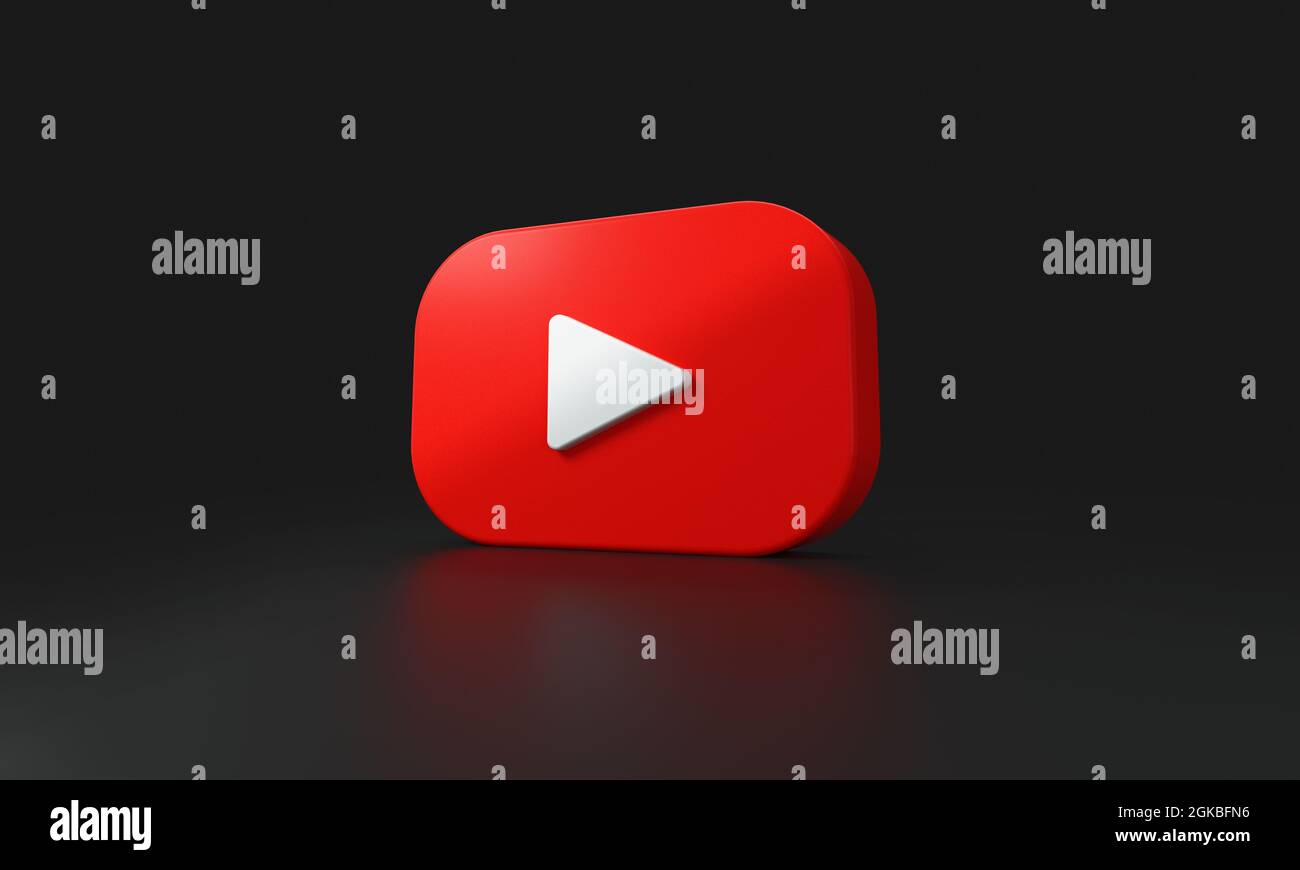 YouTube-Logo auf schwarzem Hintergrund. 3D-Rendering. Stockfoto