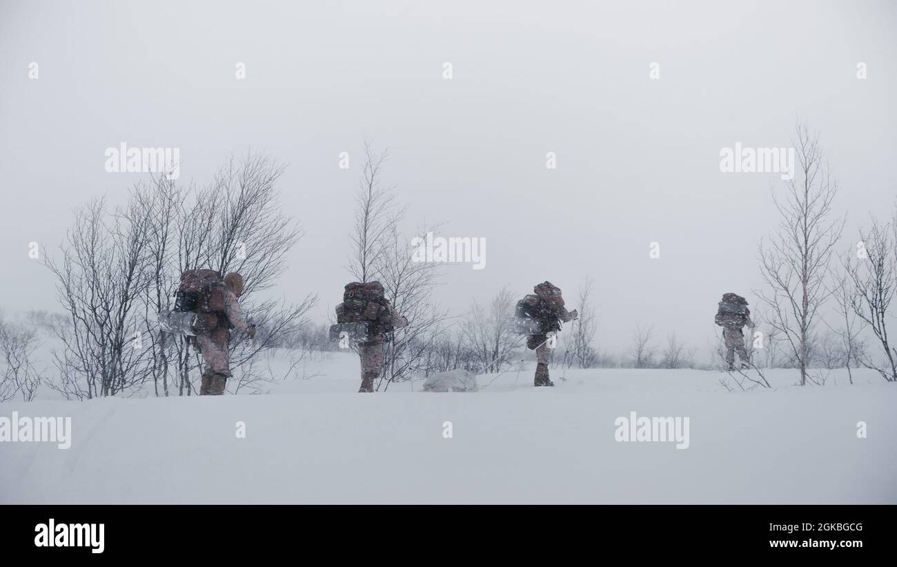 U.S. Marines with Marine Rotational Force Europe 21.1 (MRF-E), Marine Forces Europe and Africa, Ski in the Winter Terrain as part of unit Mobility Training in Altebatgn, Norway, 4. März 2021. MRF-E konzentriert sich auf regionale Engagements in ganz Europa durch die Durchführung verschiedener Übungen, Schulungen zur arktischen Kälte- und Bergkriegsführung sowie militärische Engagements, die die Interoperabilität des US-Marine Corps mit Verbündeten und Partnern insgesamt verbessern. Stockfoto