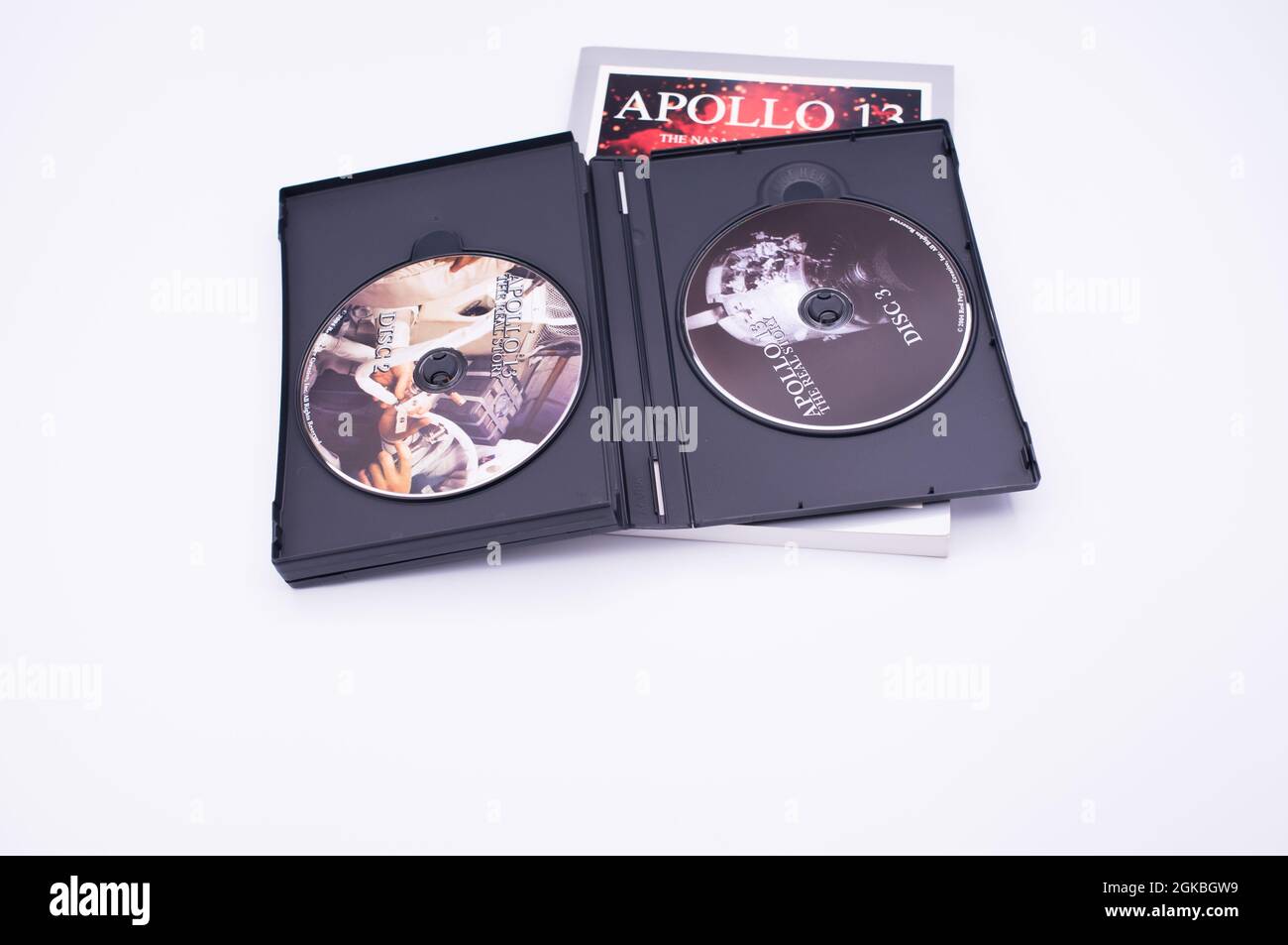 Apollo 13 abgetriebene Mondmission Dokumentarfilm DVD-Medien und Buch auf weißem Hintergrund Stockfoto