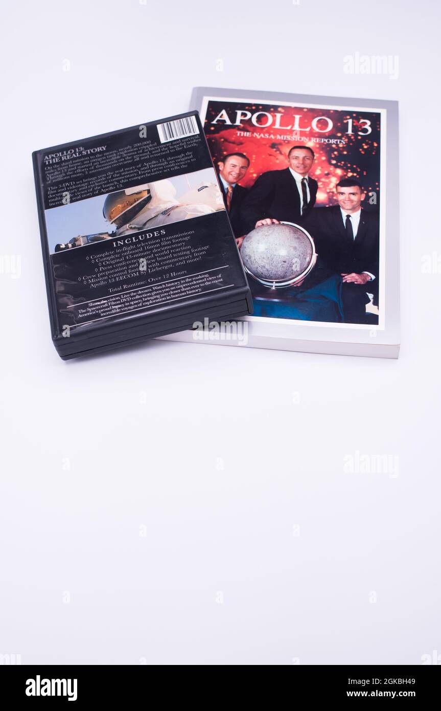Apollo 13 abgetriebene Mondmission Dokumentarfilm DVD-Medien und Buch auf weißem Hintergrund Stockfoto