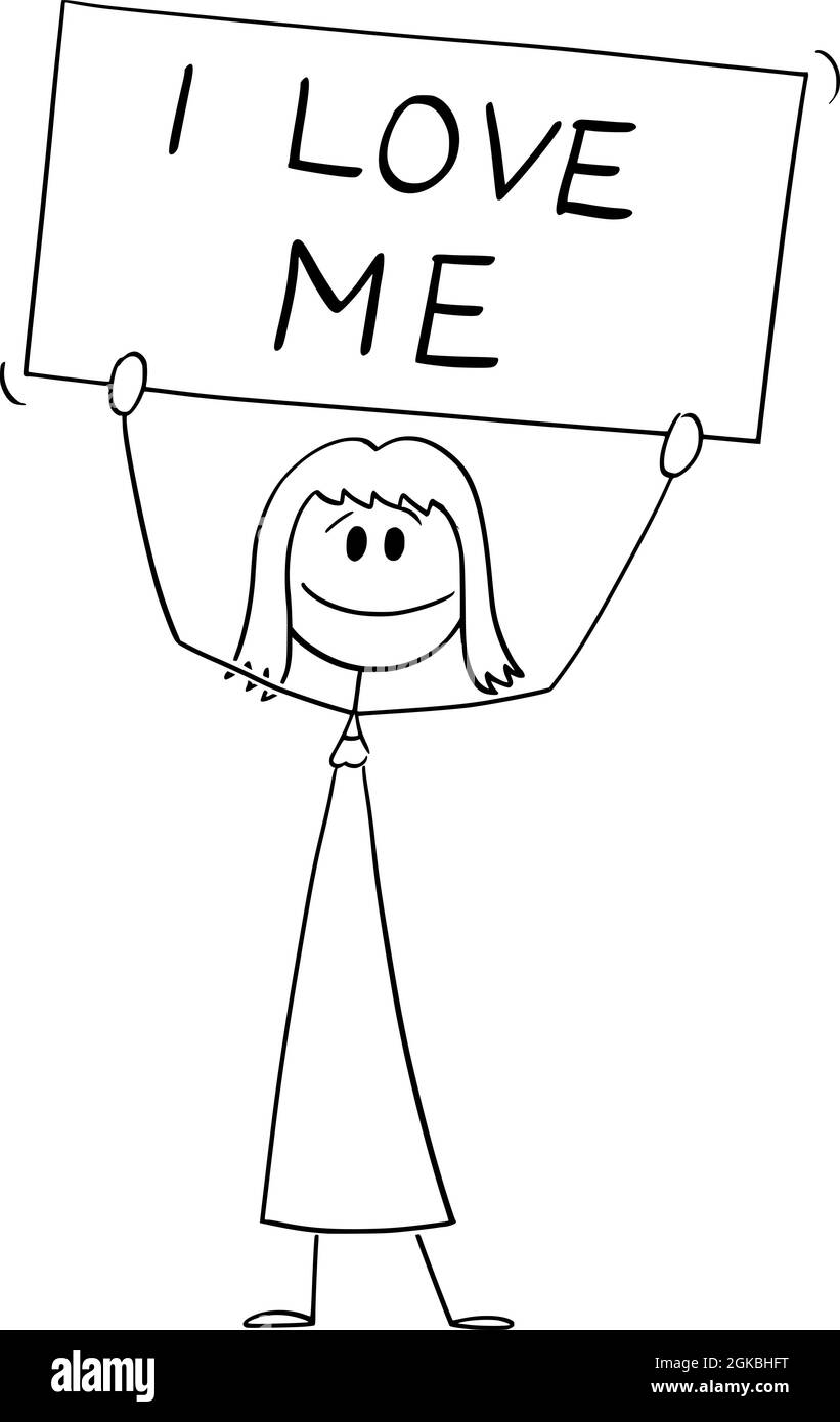 Frau hält ich liebe mich Zeichen, selbst-Liebe oder selbstlos Konzept, Vektor Cartoon Stick Figur Illustration Stock Vektor
