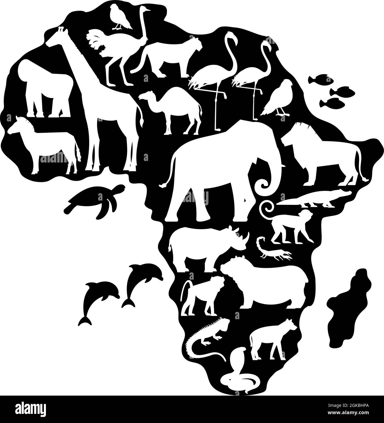 Silhouetten von Tieren und Vögeln auf Afrika-Karte Stock Vektor