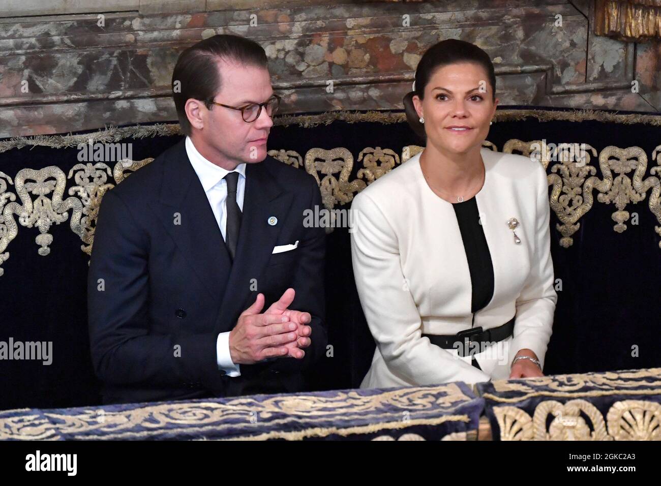 Kronprinzessin Victoria und Prinz Daniel beim Gottesdienst in der Kathedrale von Stockholm vor der Eröffnung der Parlamentarischen Sitzung in Stockholm, Schweden, 14. September 2021. Foto: Jessica Gow / TT Code 10070 Stockfoto