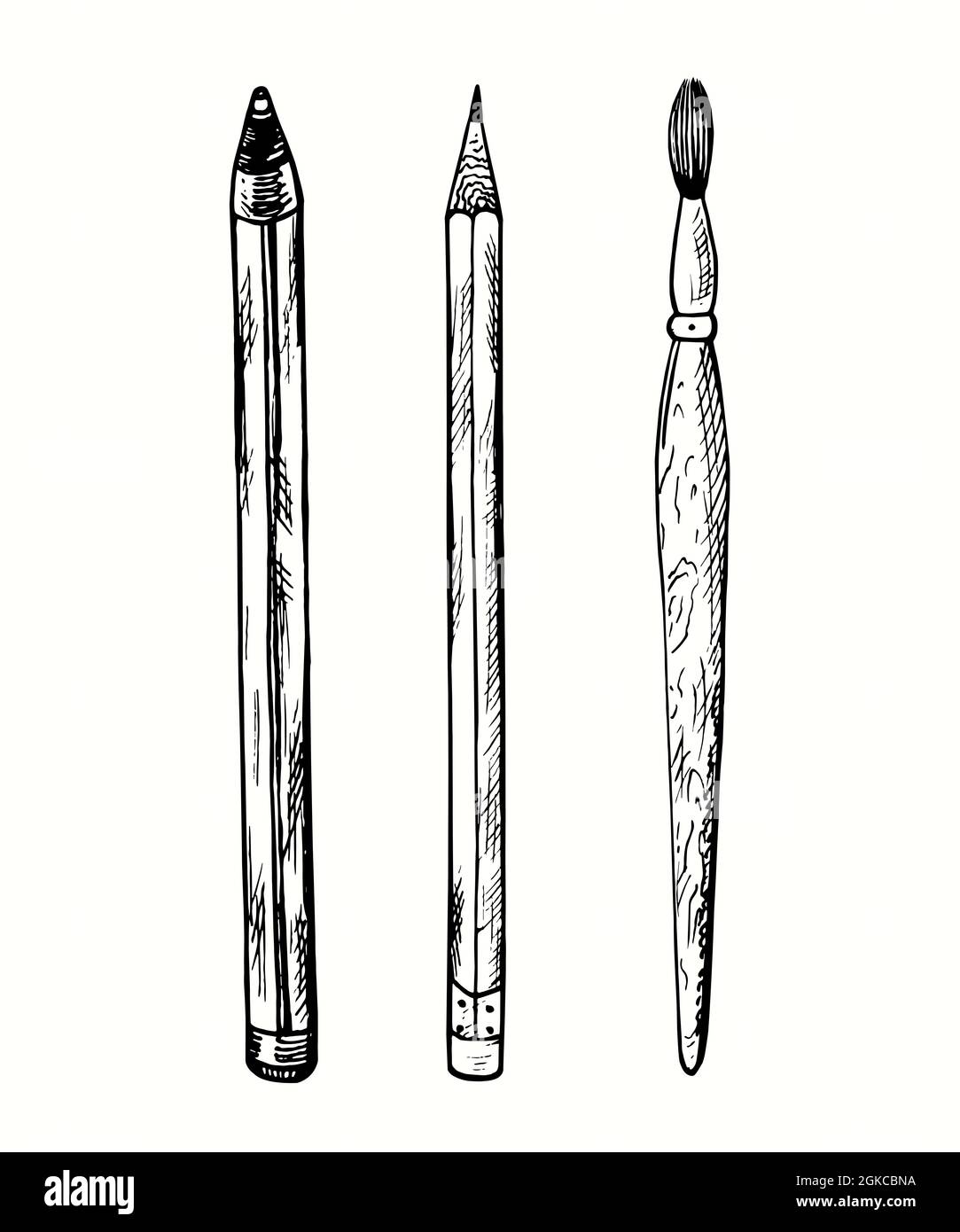 Handgezeichneter Stift, Bleistift, Pinsel Sammlung. Tusche schwarz-weiß  Zeichnung Illustration Stockfotografie - Alamy