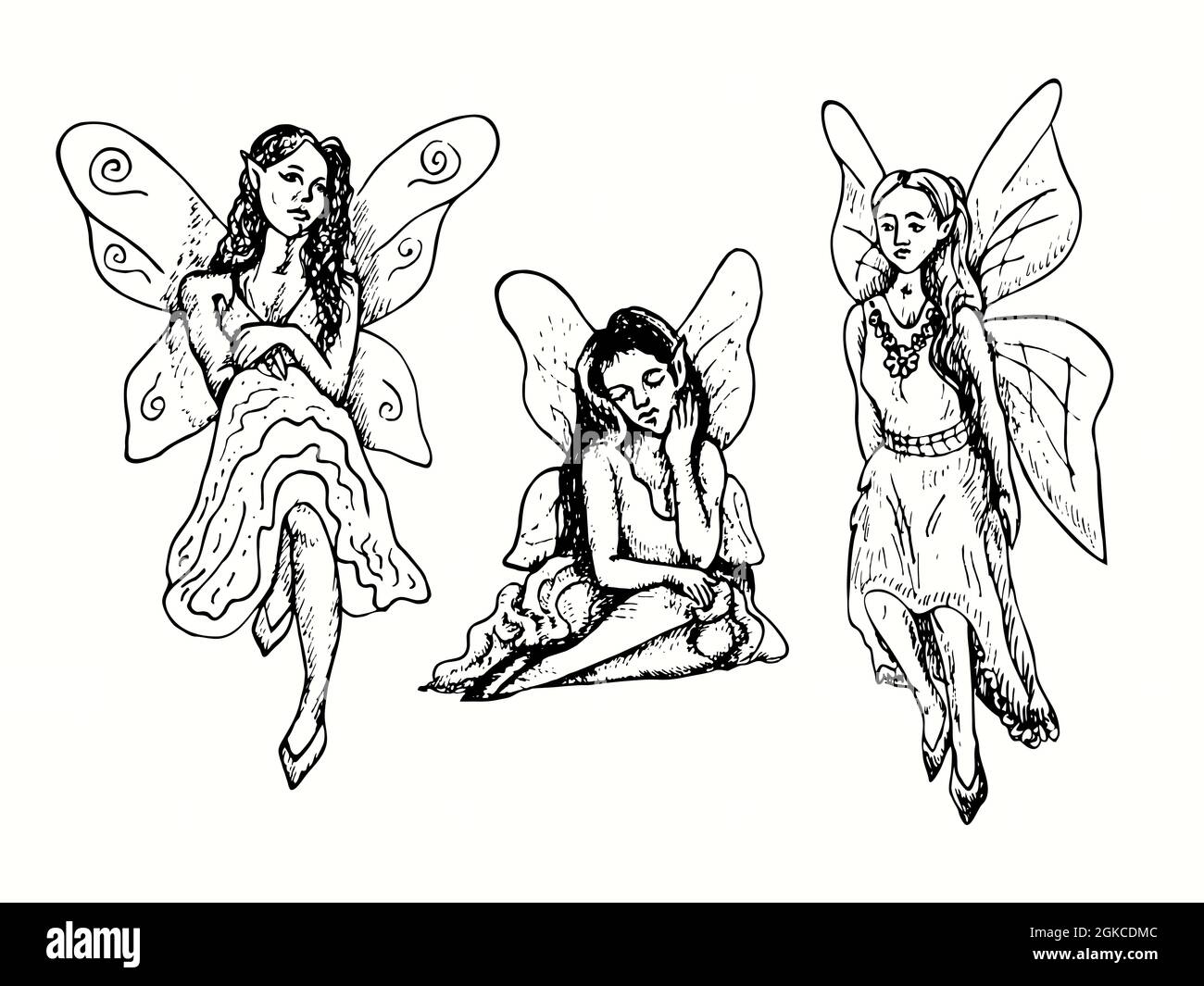 Schöne Feen-Kollektion. Tinte schwarz-weiß Doodle Zeichnung in