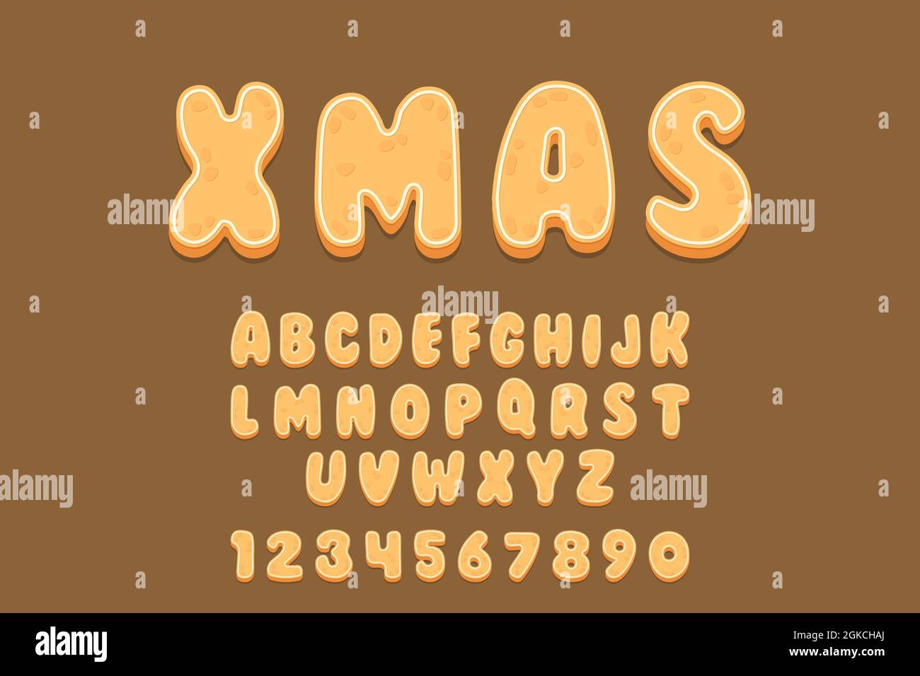 Lebkuchen Cookies Alphabet Schriftart. Cartoon-Buchstaben und -Zahlen mit Puderzucker-Abdeckung. Vektorgrafik für Ihr Design. Stock Vektor