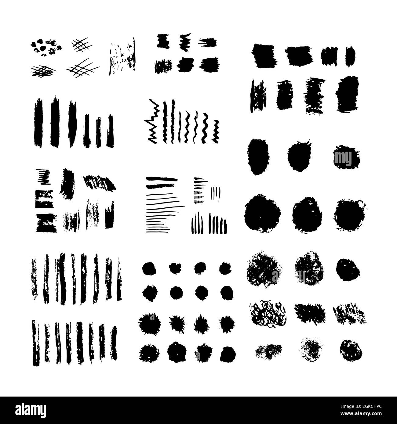 Satz von grunge schwarze Farbe, Tinte, Striche von Kohlestift. Tintenspritzer, Holzkohle Bleistift grungy gestrichenen Linien. Vektor-Pinsel-Set. Stock Vektor