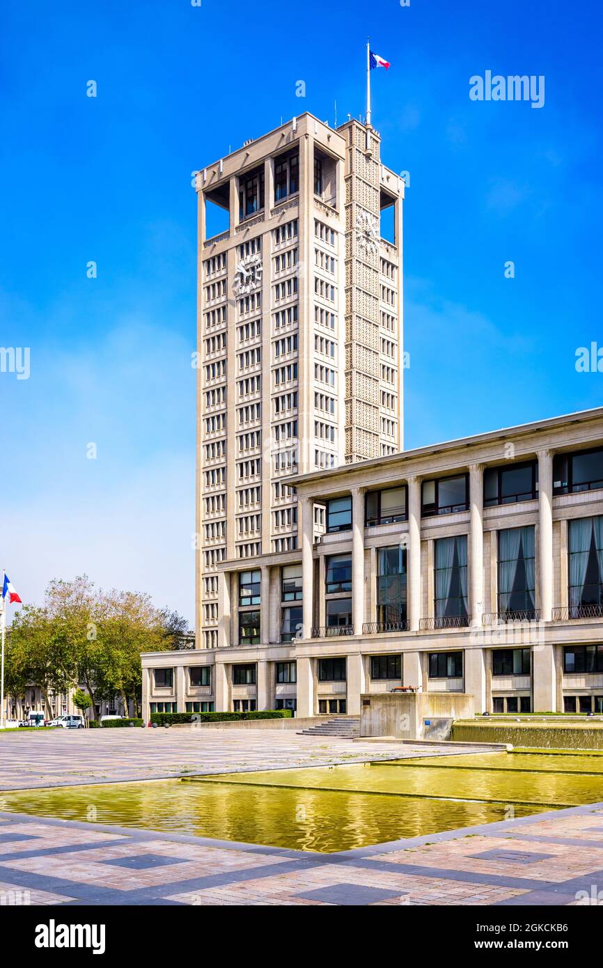 Turm des Rathauses von Le Havre, Frankreich. Stockfoto