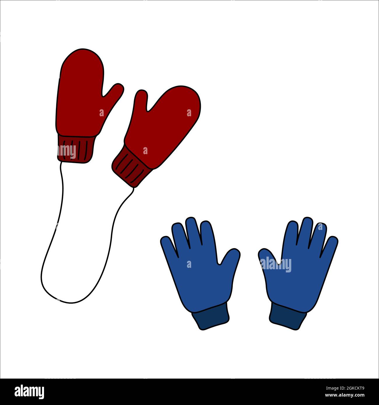 Doodle Fäustlinge, Cartoon-Handschuhe Design. Winter Vektor bunte Illustration isoliert auf weißem Hintergrund. Stock Vektor