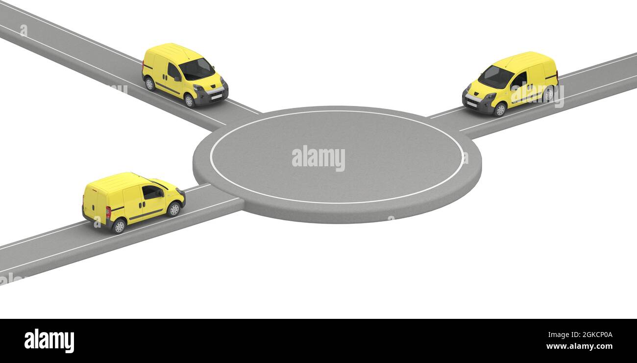 Vorlagenbereich, in dem gelbe Autos aus verschiedenen Richtungen fahren. 3d-Rendering Stockfoto