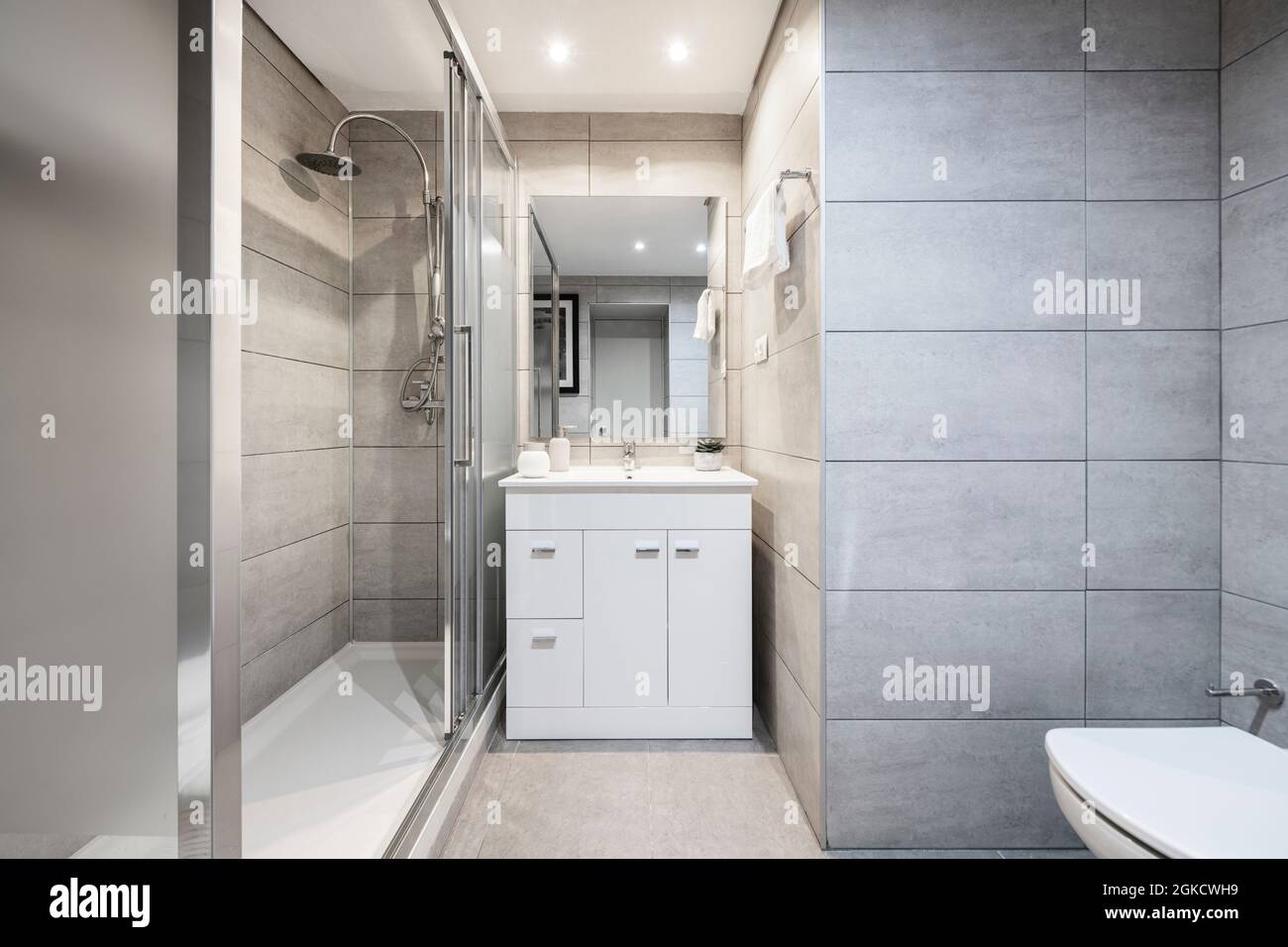 WC in moderner Wohnung mit Dusche, Bildschirm, weißem Schrank, WC und Wänden mit grauen Fliesen bedeckt Stockfoto