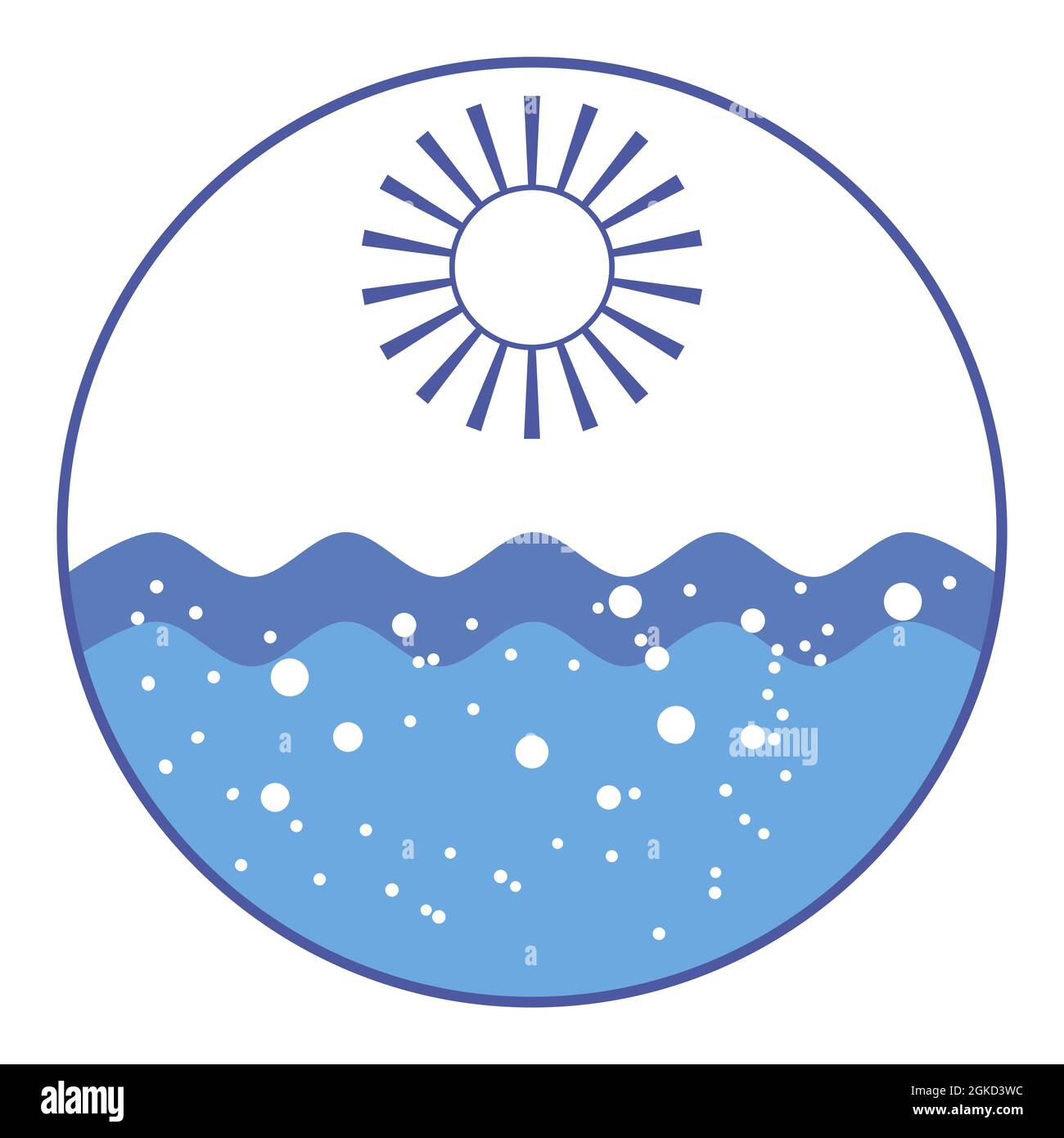 Rundes Marine-Logo. Sonne mit Strahlen scheint über dem Meer. Blaue Ozeanwellen plätschern. Wellen tragen Traurigkeit weg. Luftblasen steigen durch Wasser auf. Sea Waiting f Stock Vektor