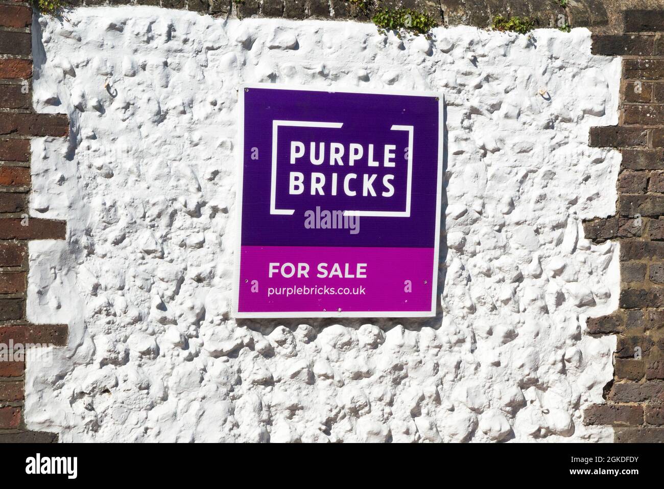 Eine Immobilie / Haus zum Verkauf mit dem Online / Online Immobilienmakler Purple Bricks. An den Wänden des Grundstücks sind zwei Bretter angebracht. VEREINIGTES KÖNIGREICH. (127) Stockfoto