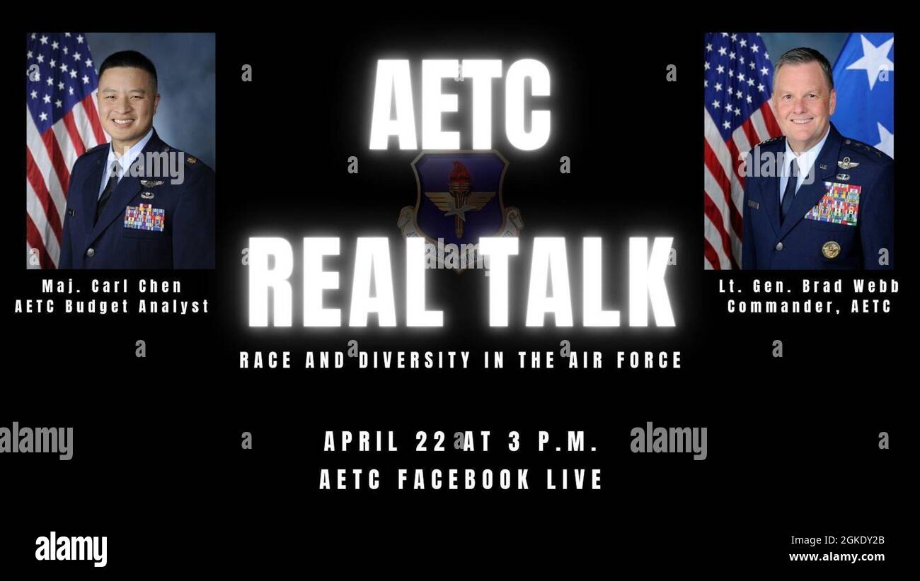 LT. General Brad Webb, Kommandant des Luftbildungs- und Trainingskommandos, veranstaltet am 22. April um 3 Uhr die sechste Folge des AETC Real Talk: Race and Diversity in the Air Force auf der Facebook-Seite von AETC. Mit Webb wird in dieser Folge Maj. Carl Chen, AETC-Budgetanalyst, sein. Die Diskussion wird über die Unterschiede zwischen den asiatischen Amerikanern und den pazifischen Inseln im militärischen und dem aktuellen Klima des Landes geführt. Stockfoto