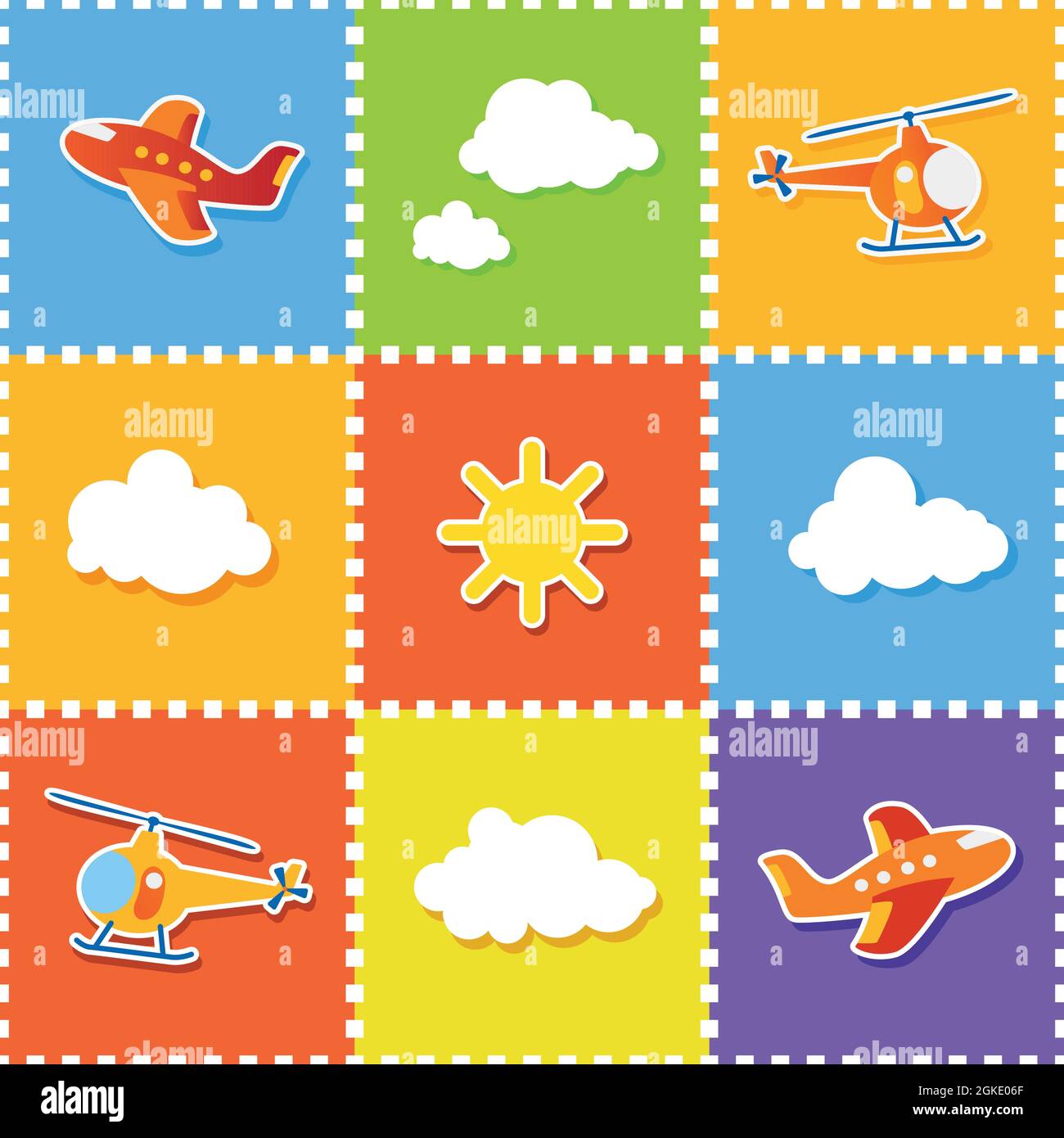 Mosaikmuster mit Zeichnungen. Flugzeuge, Hubschrauber, Luftballons, Wolken und die Sonne. Kindersachen. Luftfahrzeuge. Vektor Zeichnung Kinderstil Stock Vektor Mosaikmuster mit Zeichnungen. Flugzeuge, Hubschrauber, Luftballons, Wolken und die Sonne. Kindersachen. Luftfahrzeuge. Vektor Zeichnung Kinderstil Stock Vektor