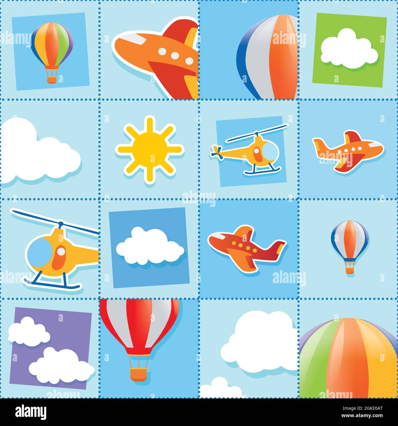 Mosaikmuster mit Zeichnungen. Flugzeuge, Hubschrauber, Luftballons, Wolken und die Sonne. Kindersachen. Luftfahrzeuge. Vektor Zeichnung Kinderstil Stock Vektor Mosaikmuster mit Zeichnungen. Flugzeuge, Hubschrauber, Luftballons, Wolken und die Sonne. Kindersachen. Luftfahrzeuge. Vektor Zeichnung Kinderstil Stock Vektor