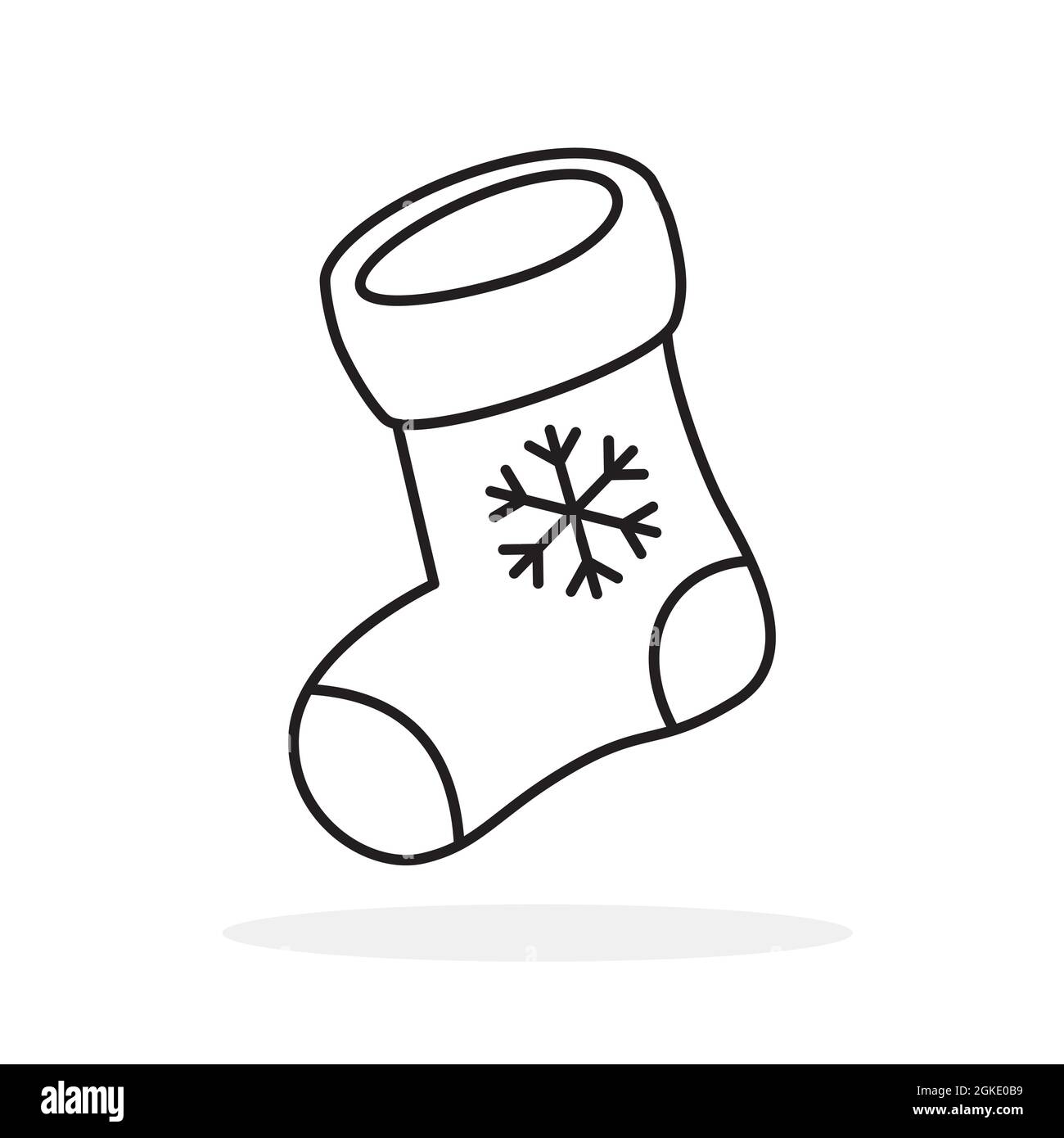 Weihnachtliche Sockenikone. Schwarze lineare weihnachtssocke mit Schneeflocke. Vektorgrafik Stock Vektor