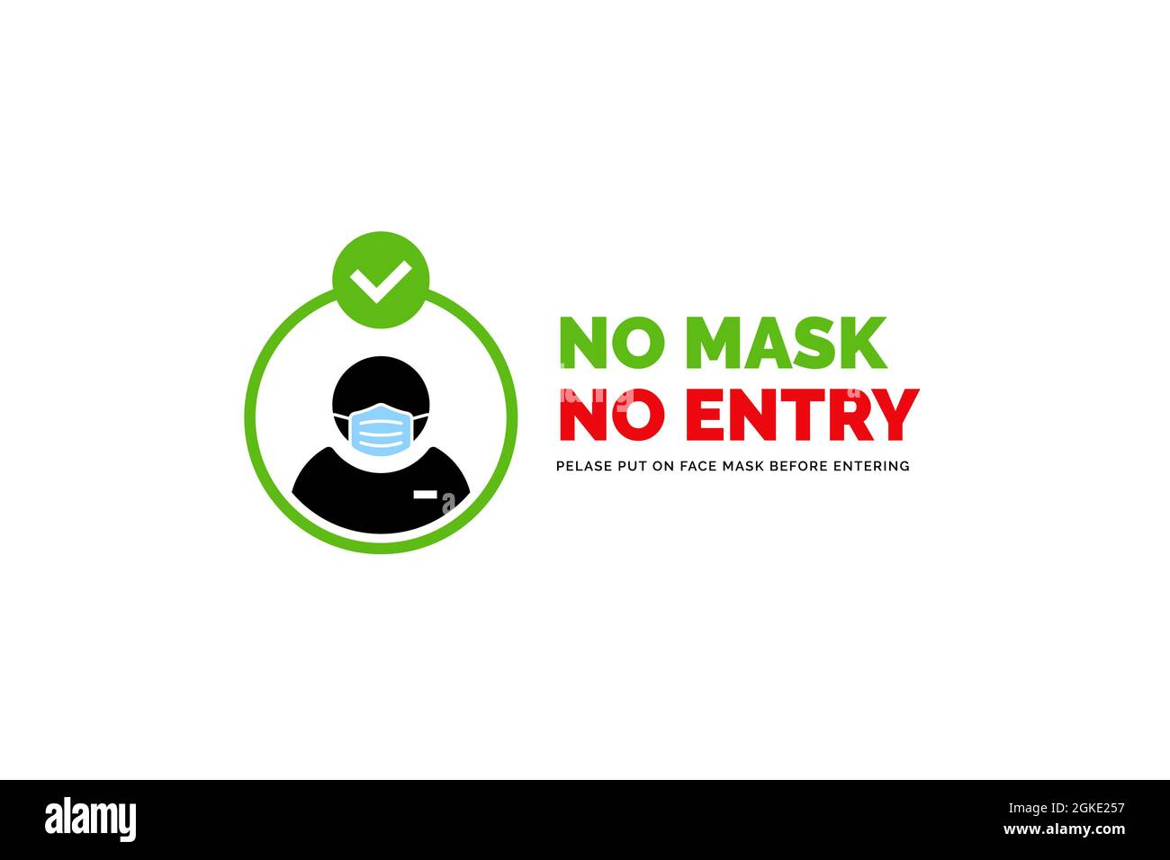 Warnschild für Gesichtsmaske erforderlich. Keine Gesichtsmaske, kein Eintrittsschild. Menschliche Silhouette mit Gesichtsmaske in abgerundetem Rahmen. Stockfoto