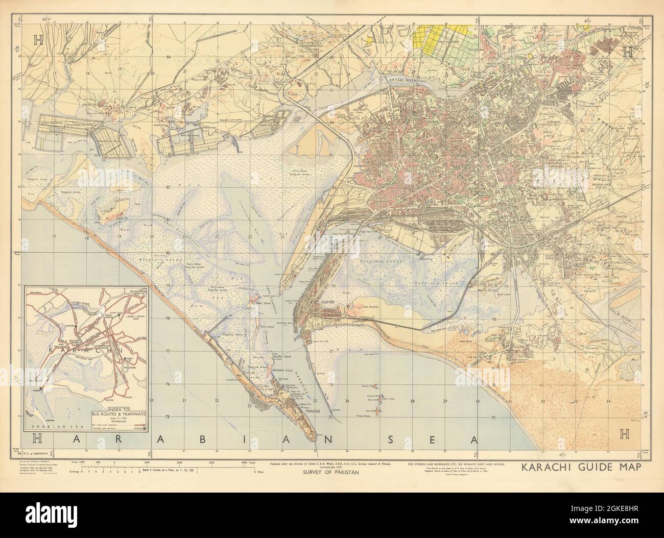 Stadtplan der Stadt Karachi. Übersicht über die alte Karte von Pakistan 1951 Stockfoto