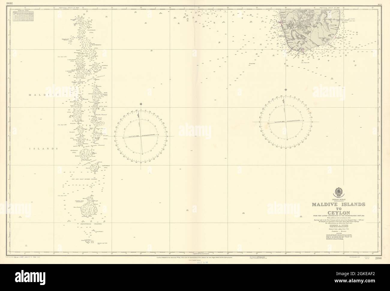 Malediven-Ceylon Indischer Ozean Sri Lanka ADMIRALITÄT Seekarte 1944 (1956) alte Karte Stockfoto