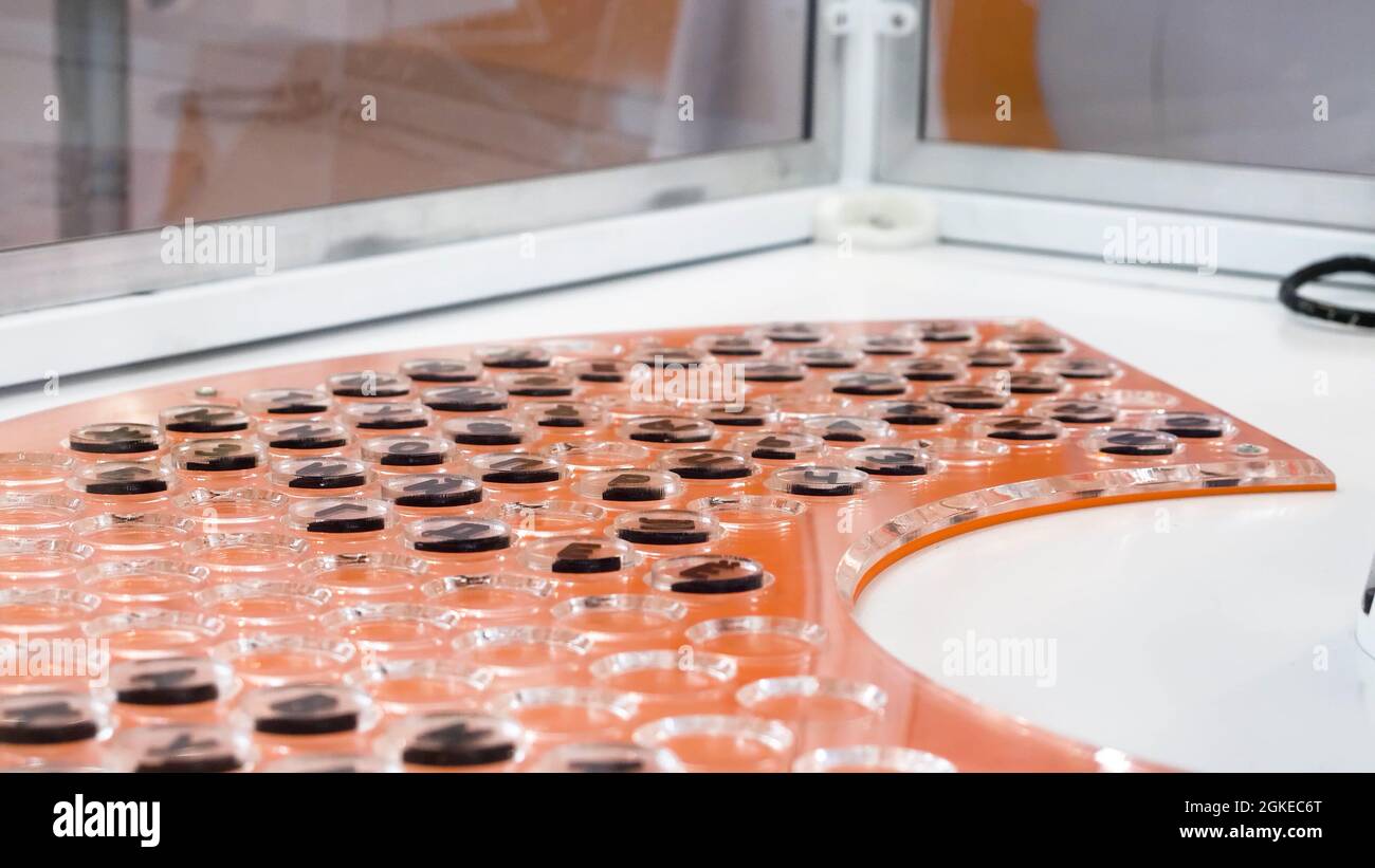 Automatische Maschine für die pharmazeutische Herstellung, COVID 19 Coronavirus-Impfstoffproduktionstechnik. HDR. Neue Technologien in der pharmazeutischen Medizinindustrie Stockfoto