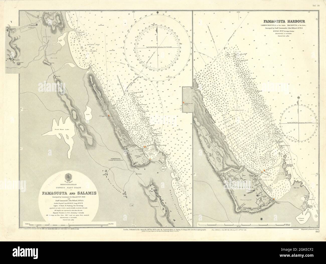 Famagusta Harbour Salamis Cyprus Gazimagusa ADMIRALTY Seekarte 1879 (1928) Karte Stockfoto