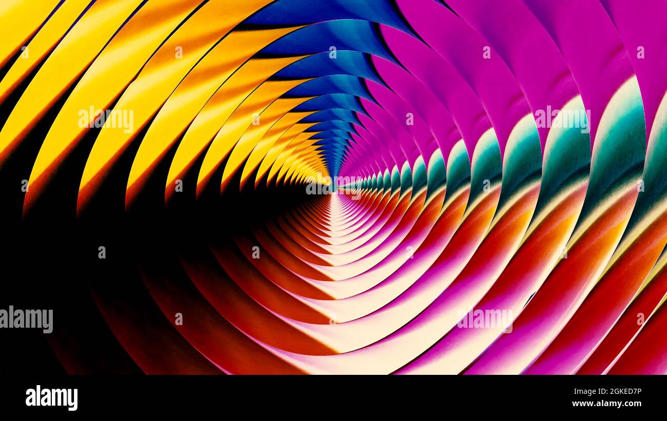 Abstrakter, radial wirbelnder Wirbelbewegungshintergrund. Bewegung. Gradient bunte hypnotische Lichtstrahlen, die in alle Seiten leuchten, rotieren und kreieren Stockfoto