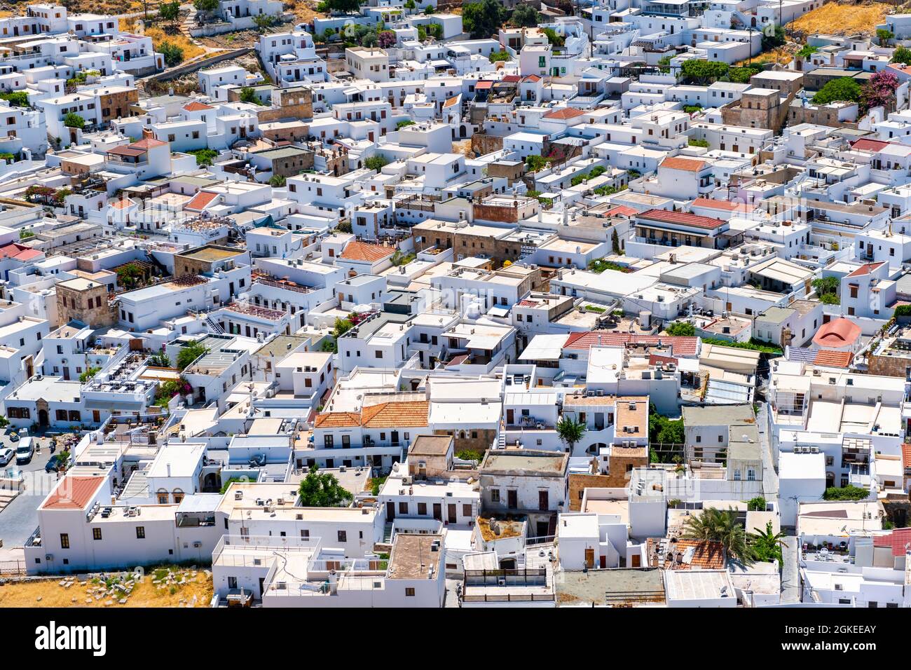 Stadtansicht, Häuser von Lindos von oben, Rhodos, Dodekanes, Griechenland Stockfoto