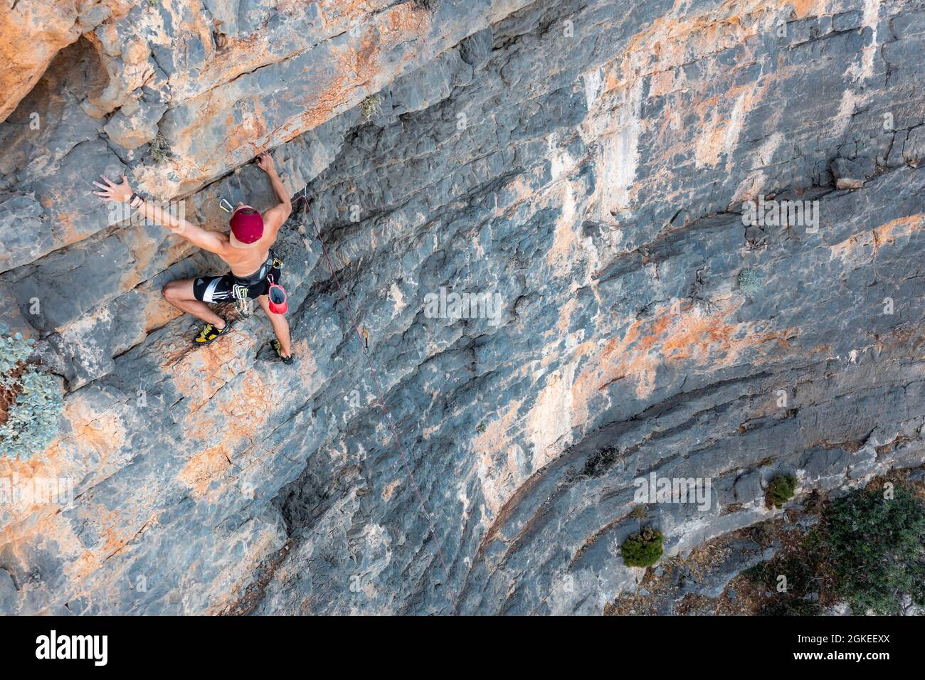 Klettern auf einer Felswand, Sportklettern, Telendos, in der Nähe von Kalymnos, Dodekanes, Griechenland Stockfoto