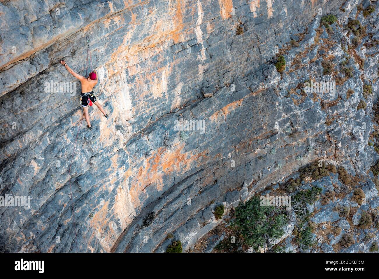 Klettern auf einer Felswand, Sportklettern, Telendos, in der Nähe von Kalymnos, Dodekanes, Griechenland Stockfoto