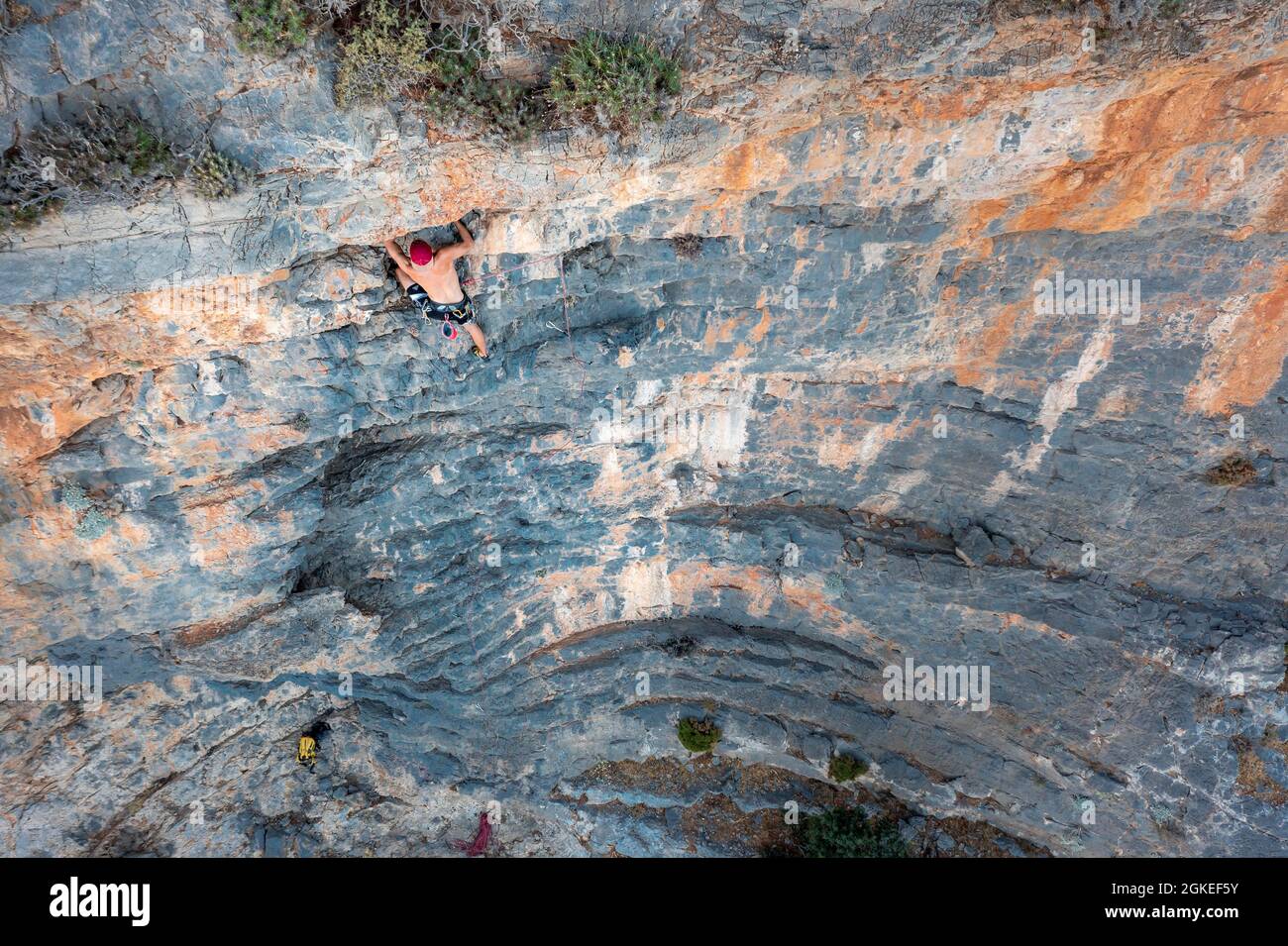 Klettern auf einer Felswand, Sportklettern, Telendos, in der Nähe von Kalymnos, Dodekanes, Griechenland Stockfoto