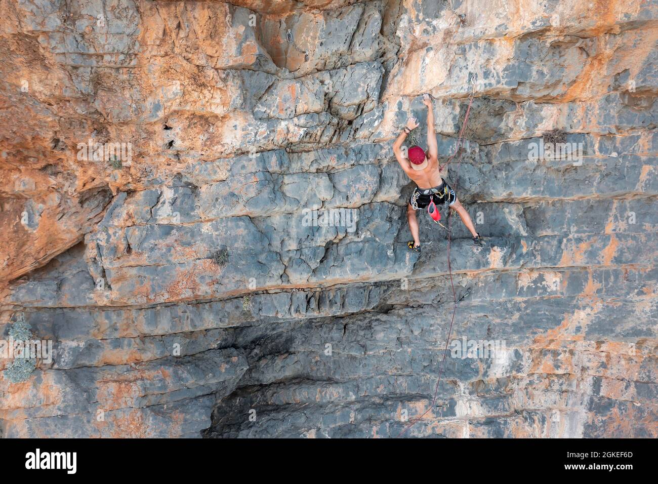 Klettern auf einer Felswand, Sportklettern, Telendos, in der Nähe von Kalymnos, Dodekanes, Griechenland Stockfoto