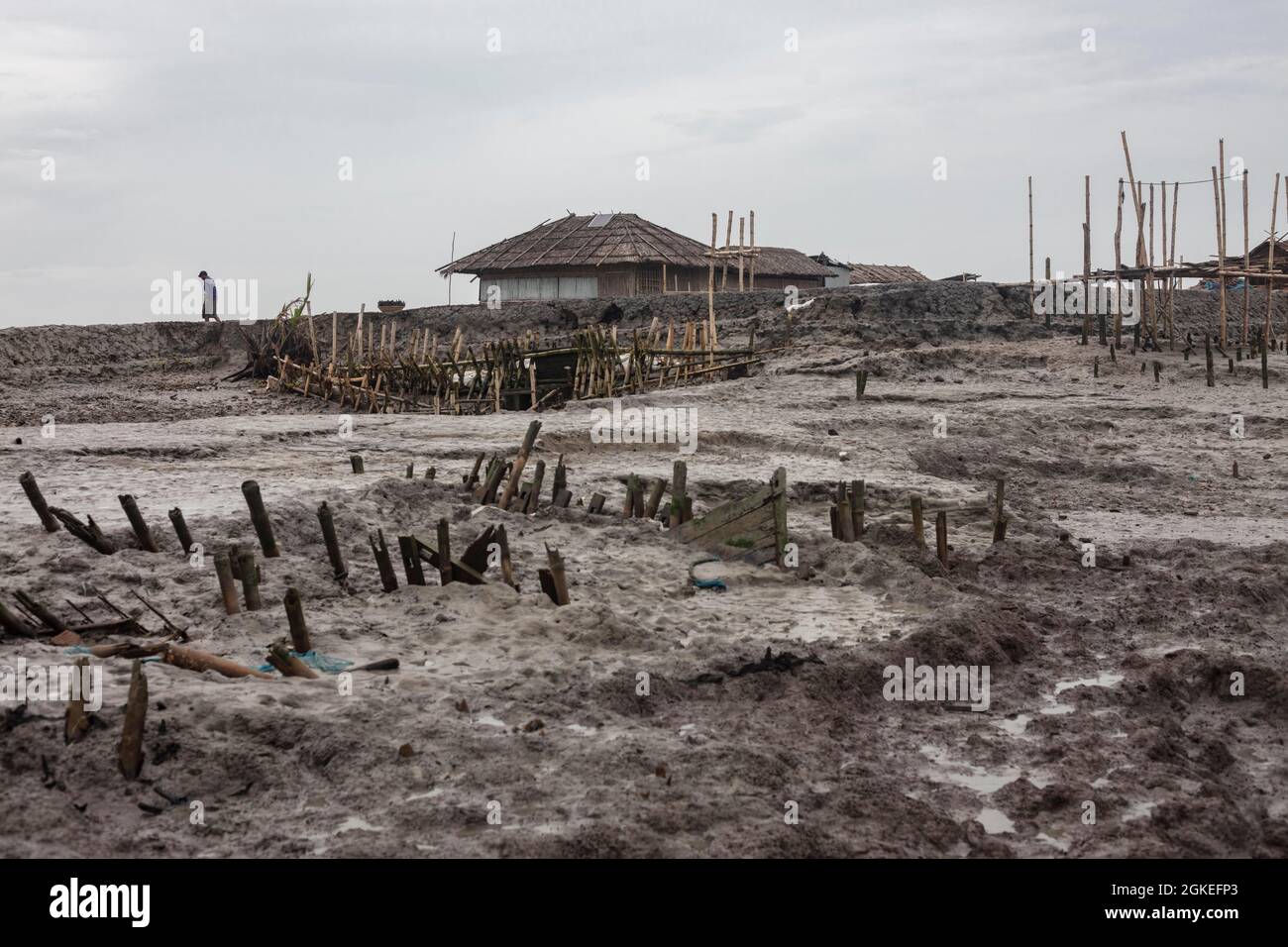 Überreste von Pfahlbauten, die während des Sturmflutes, der Siedlung Banishanta, Mongla, Sundarbans und Bangladesch weggespült wurden Stockfoto