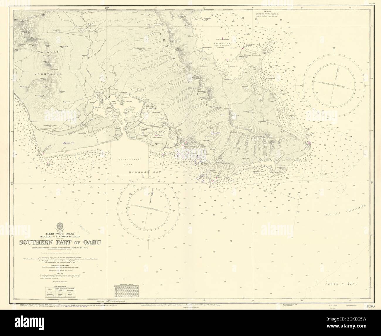 Südliche Oahu. Hawaii. Pearl Harbor. ADMIRALTY Seekarte 1929 (1954) alte Karte Stockfoto