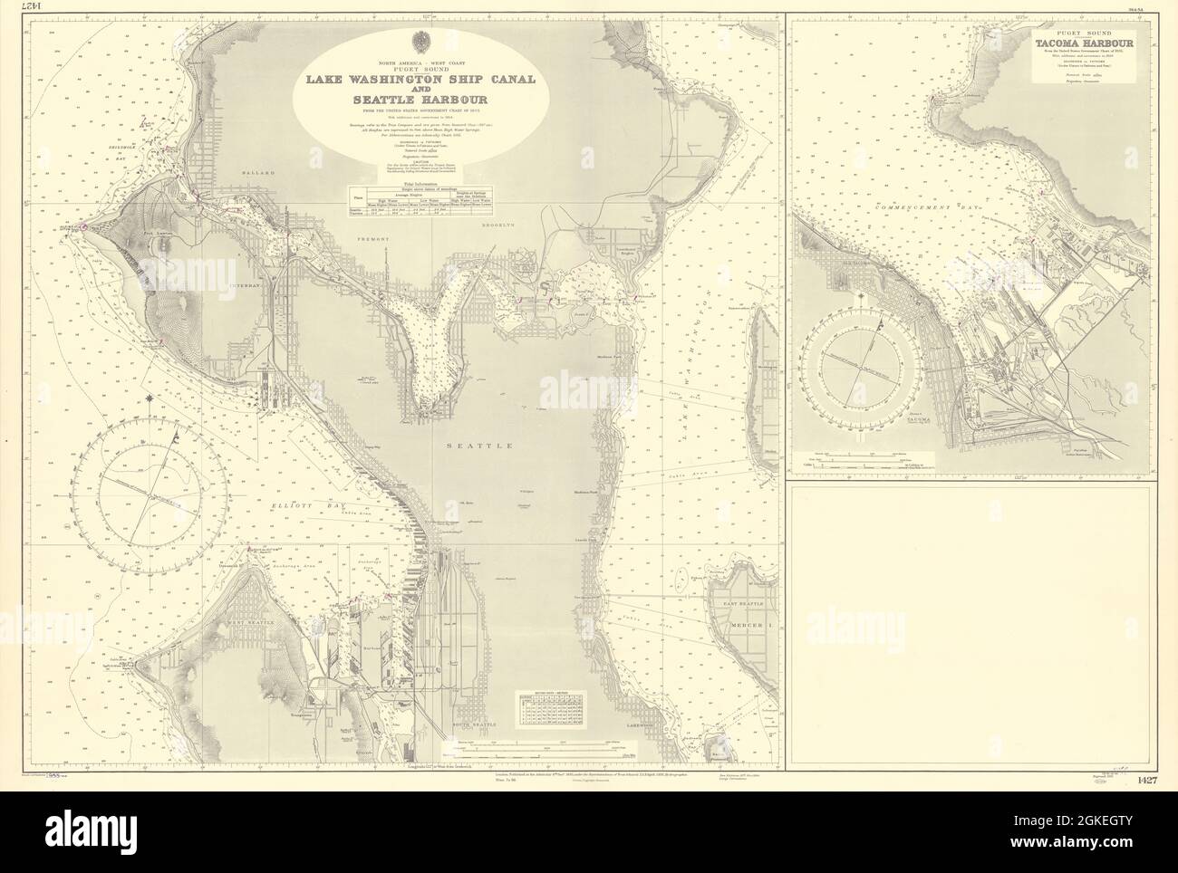 Seattle Tacoma Harbour Lake Washington Ship Canal ADMIRALTY Chart 1935 (1955) Karte Stockfoto