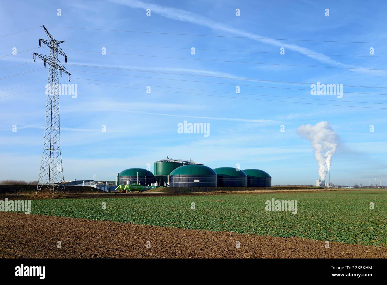 Konzentrierte Energie, Strompol, Biogasanlage, Mehrum-Kohlekraftwerk, Windkraftanlagen, Solschen, Kreis Peine, Niedersachsen, Deutschland Stockfoto