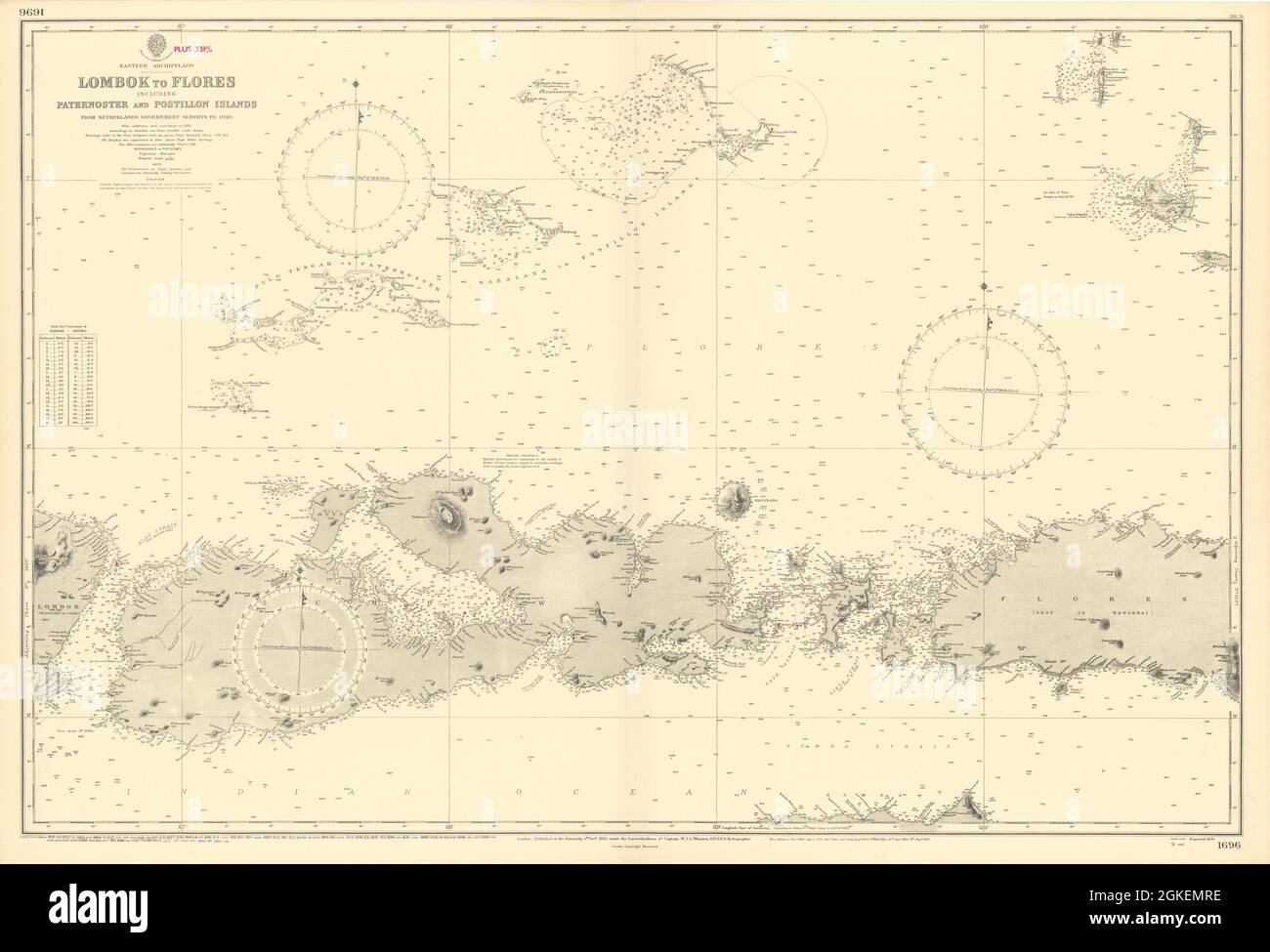 Sumbawa Komodo Flores Pamernoster Indonesien. ADMIRALTY Seekarte 1892 (1955) Karte Stockfoto