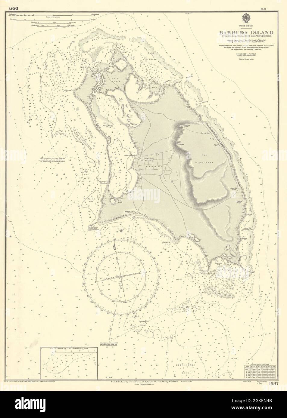 Barbuda Island. Westindische Karibik. ADMIRALTY Seekarte 1850 (1966) alte Karte Stockfoto