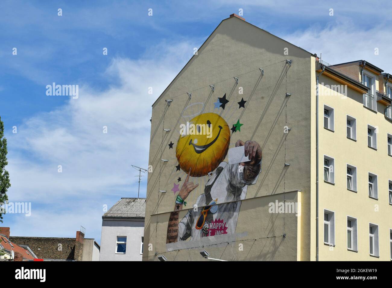 Brandmauer, Mural, Smiley, Karl-Marx-Straße Neukölln Berlin Deutschland Stockfoto