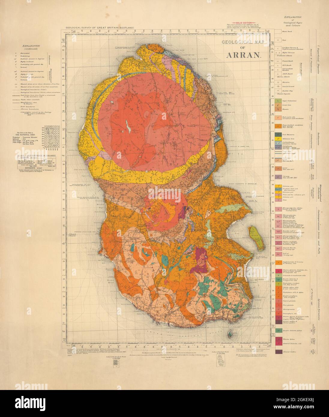Geologische Karte von Arran. Geologische Übersichtskarte. Schottland 1947 alt Stockfoto