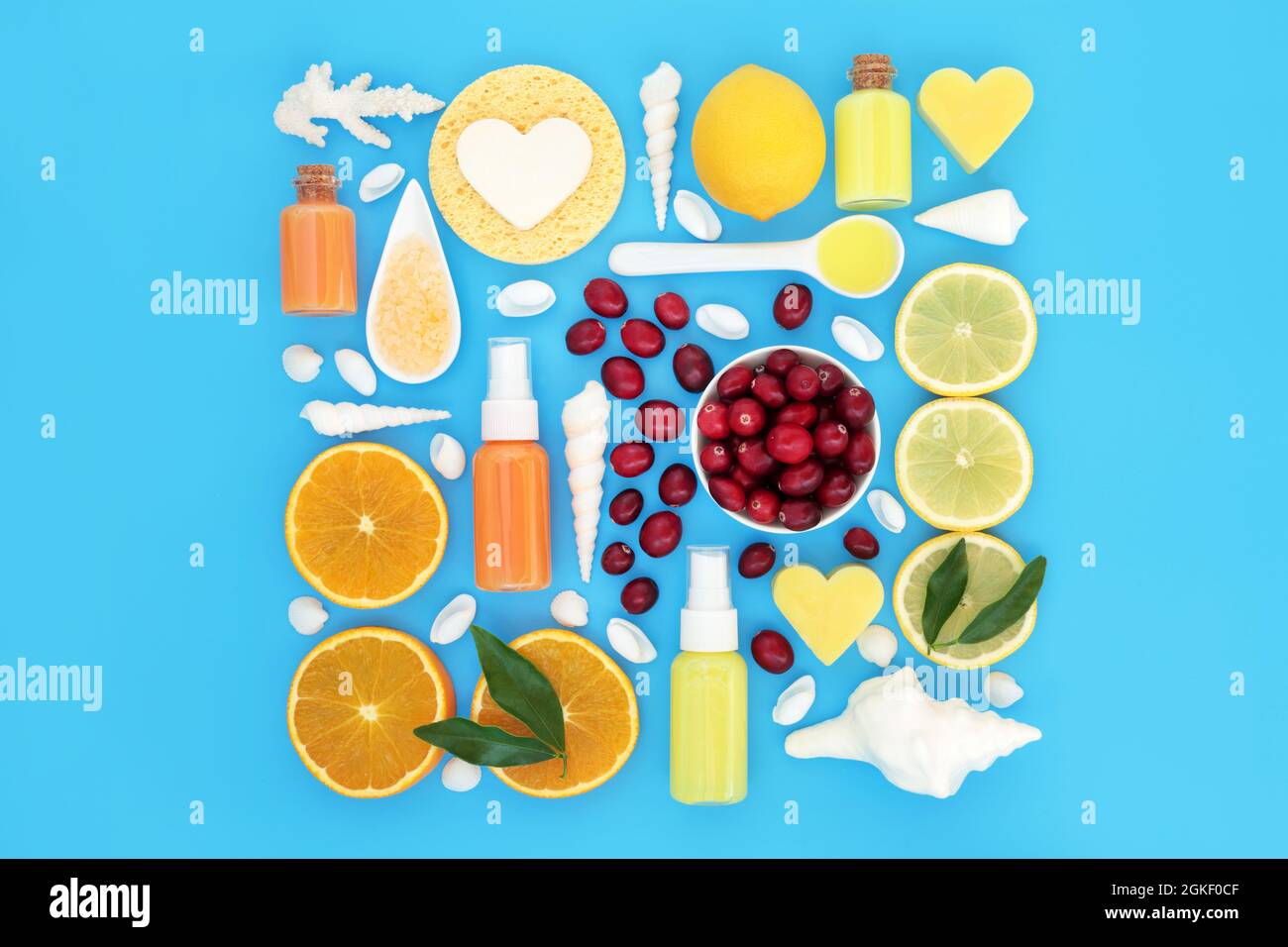 Cranberry und Zitrusfrüchte mit Orange und Zitronen, Zutaten für die Hautpflege Schönheitsbehandlung. Pflanzliches Anti-Aging-Gesundheitskonzept. Auf blau. Stockfoto