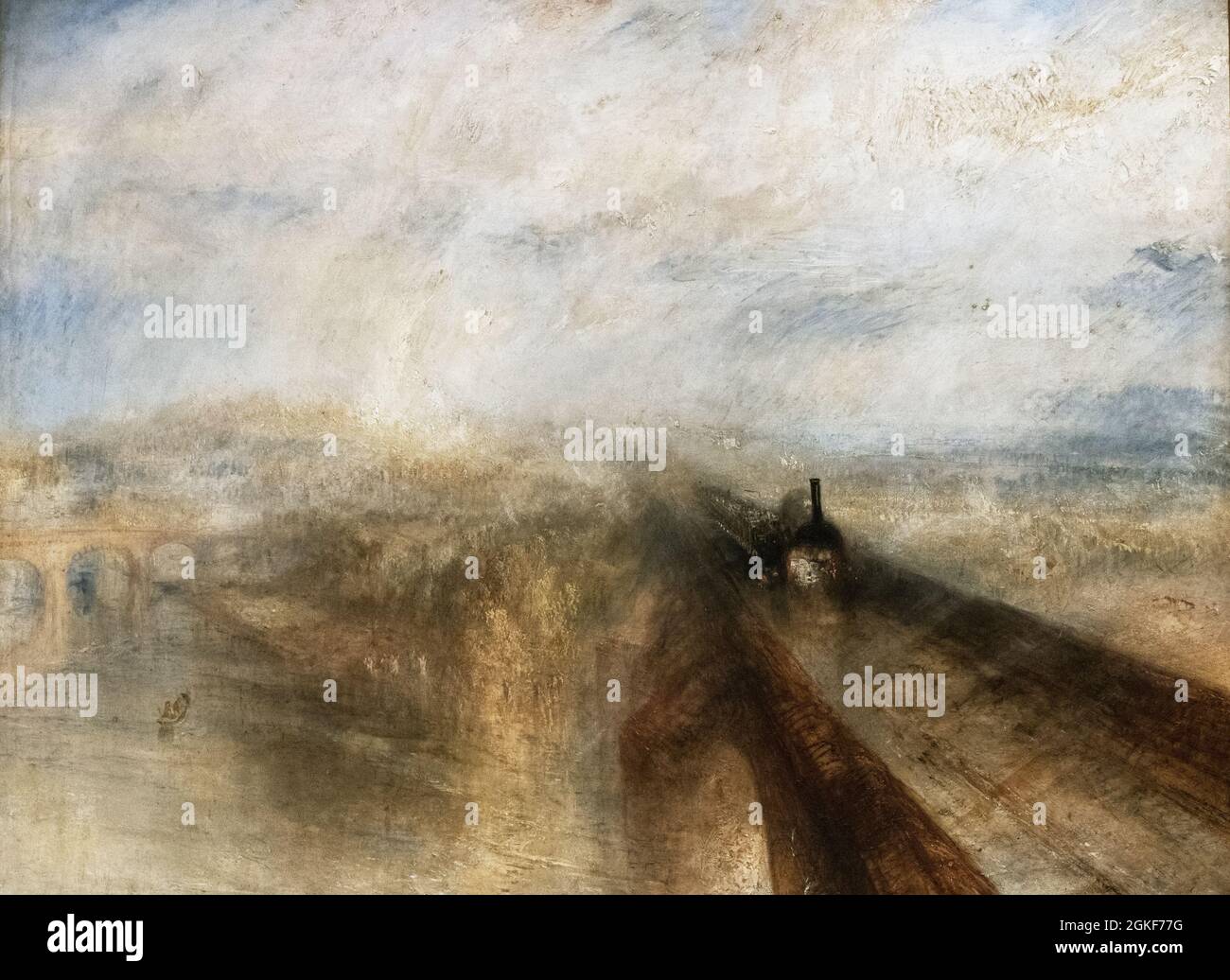 JMW Turner Malerei; „Regen, Dampf und Geschwindigkeit, die große westliche Eisenbahn“ 1844; britische romantische Kunst, 19.. Jahrhundert. Stockfoto