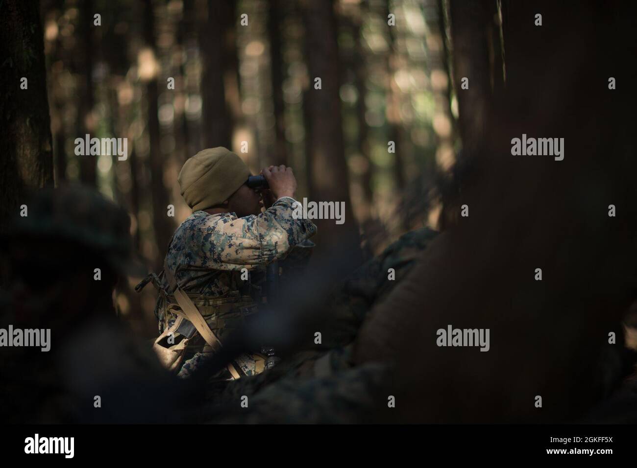 U.S. Marine Corps CPL. Eric Gurnell, ein Vorwärtsbeobachter mit 3d-Bataillon und 3d-Marinen, verfolgt den Feind während der Fuji Viper 21.3 im Combined Arms Training Center, Camp Fuji, Japan, 8. April 2021. Während dieser Übung haben Marines Taktiken, Techniken und Verfahren verfeinert, um Expeditions- und Basisoperationen auf Zug- und Unternehmensebene zu unterstützen. 3/3 wird im Indo-Pazifik-Raum unter 4th Marines, 3d Marine Division, eingesetzt. Gurnell stammt aus Las Colinas, Texas. Stockfoto