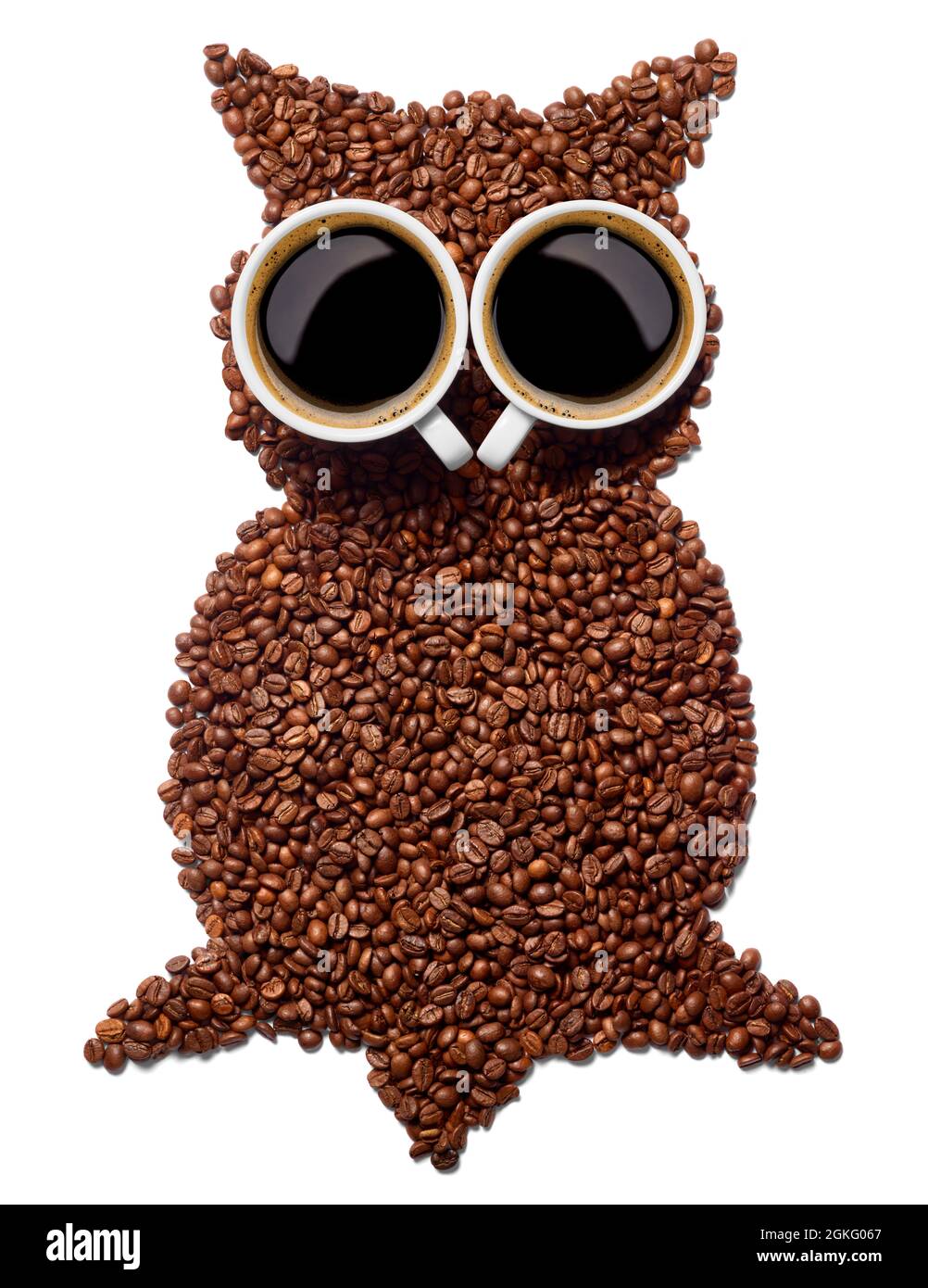 Kaffeetasse Bohnen trinken Espresso Eule Schlaflosigkeit Kaffeetasse Cappuccino Stockfoto